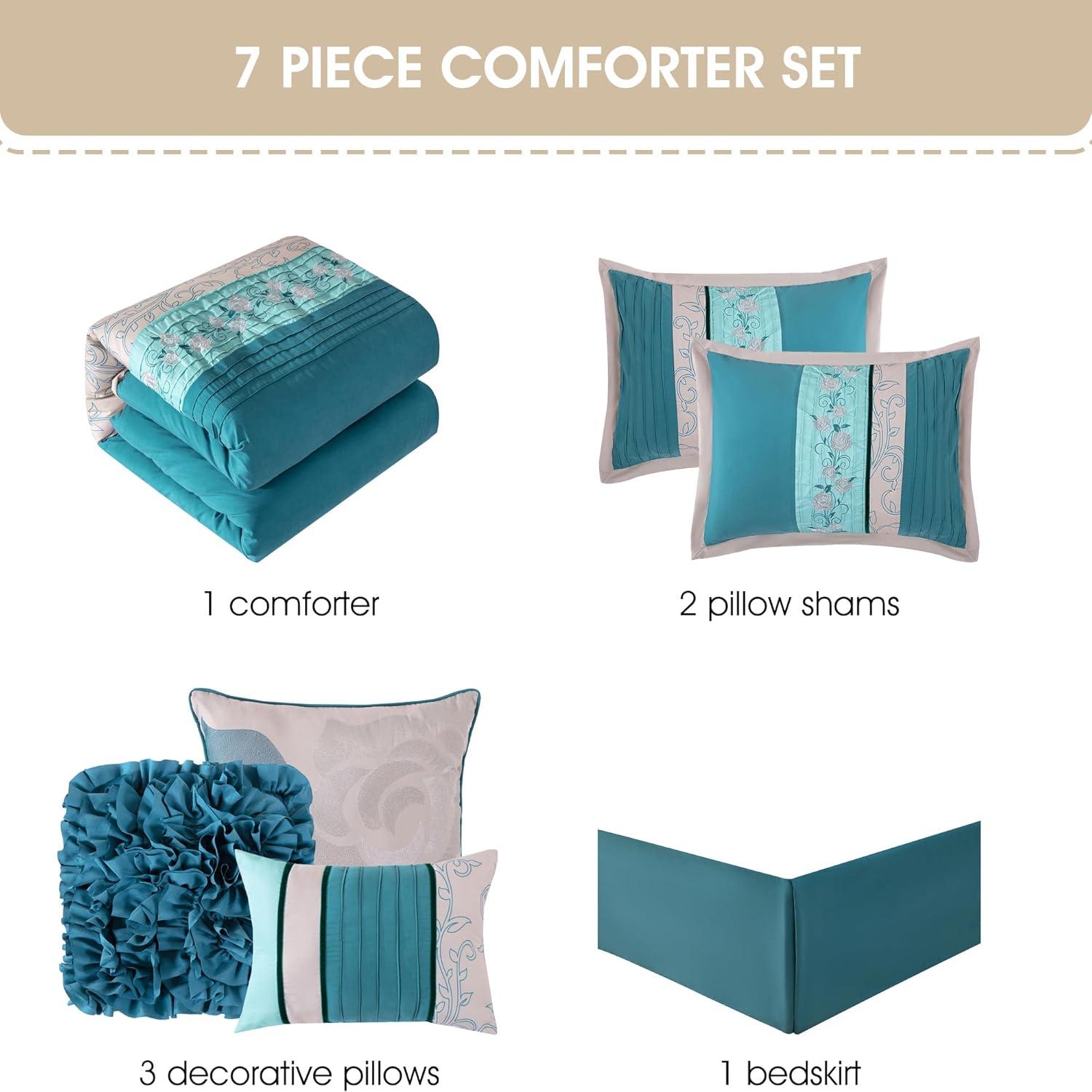 Lanco Dolores 7-Piece California King Comforter Set, Teal, Floral Fill Material 100% Polyester, All Season Premium Bedding Set
