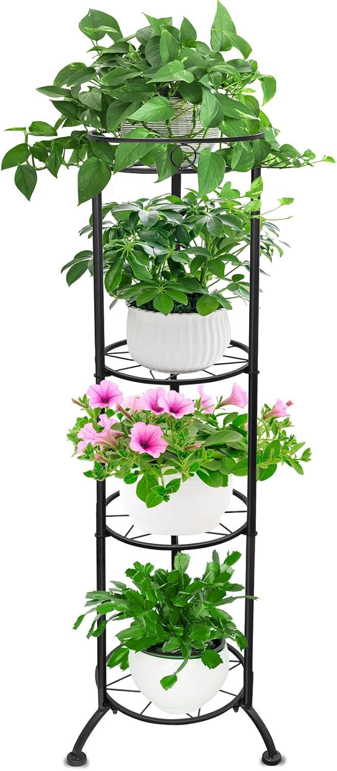 Black 4-Tier Tall Metal Plant Stand for Indoor and Outdoor