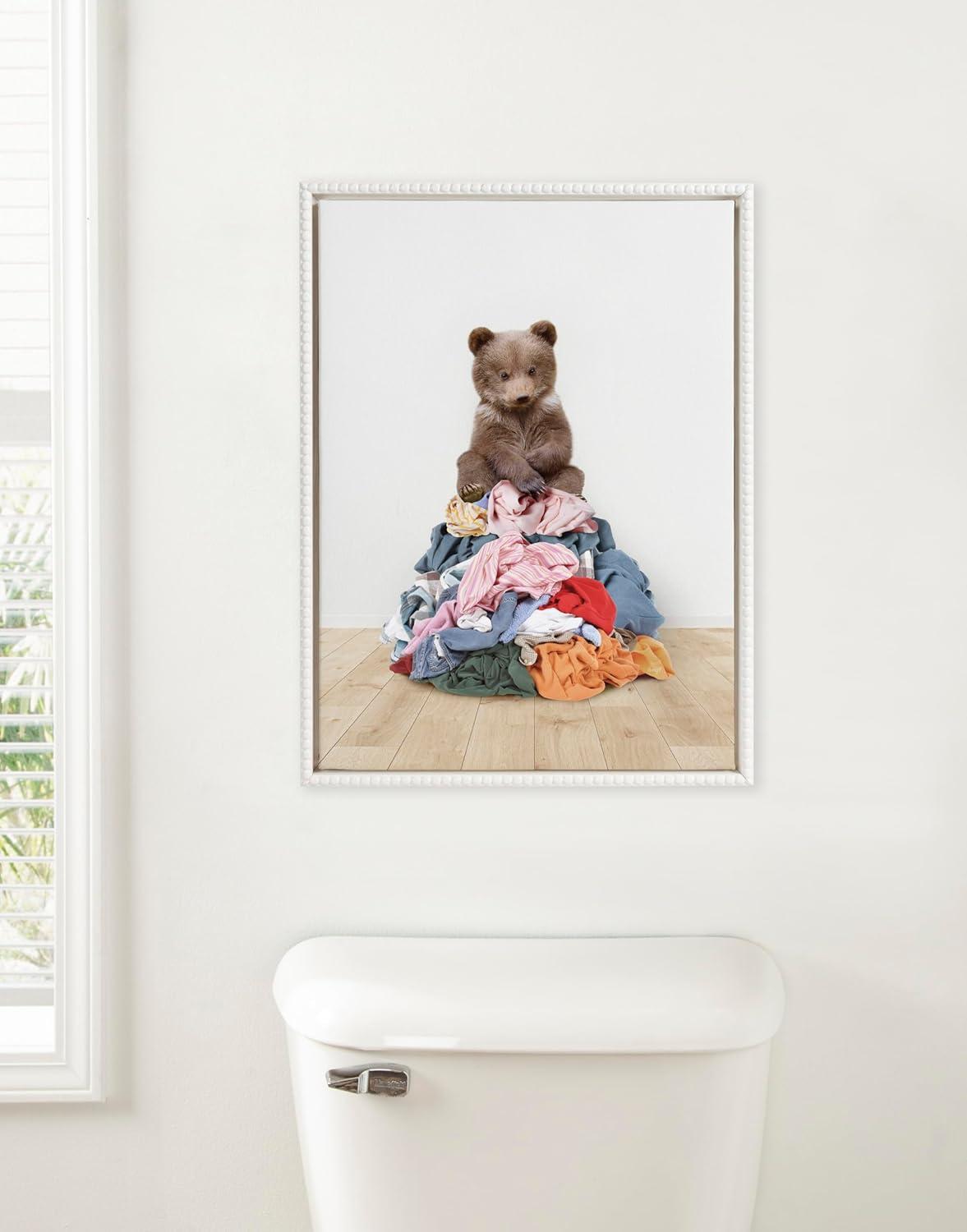 18"x24" Sylvie Beaded Bear on Laundry Pile Scandi Style Framed Canvas by Amy Peterson White - Kate & Laurel All Things Decor