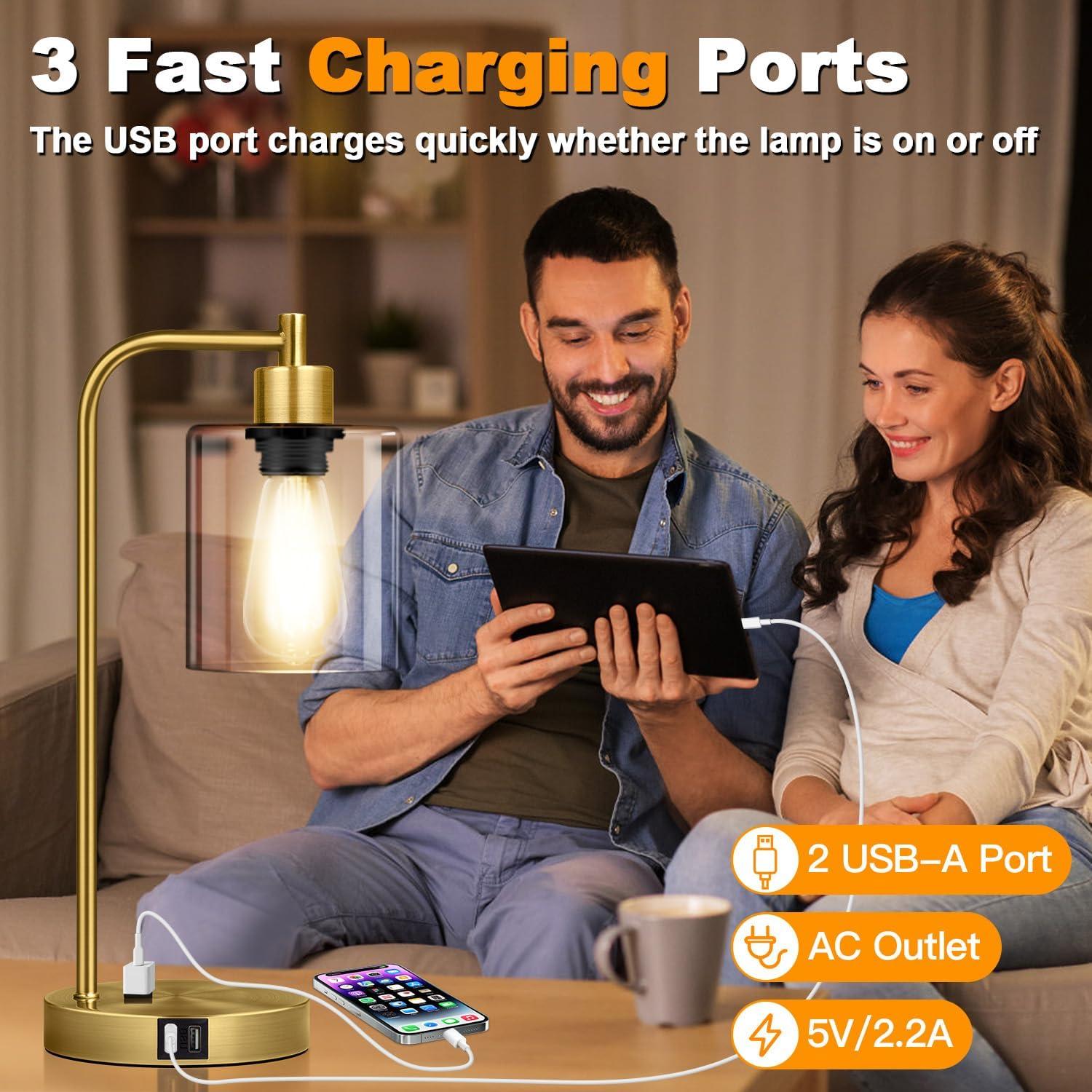Industrial Nightstand Lamps for Bedrooms Set of 2 - Fully Dimmable Bedside Lamps with USB A C Ports and Outlet, Black Table Lamps with Clear Glass Shade for Living Room, Desk Lamps for Office Reading