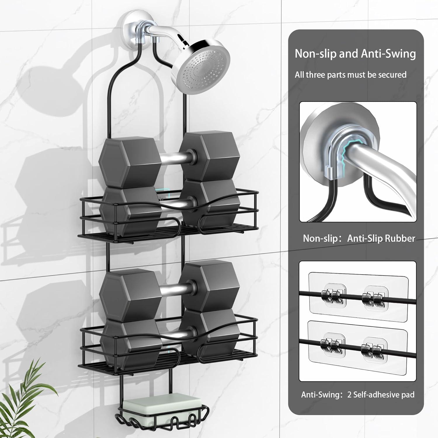 Black 3-Tier Hanging Shower Caddy with Soap Holder and Hooks