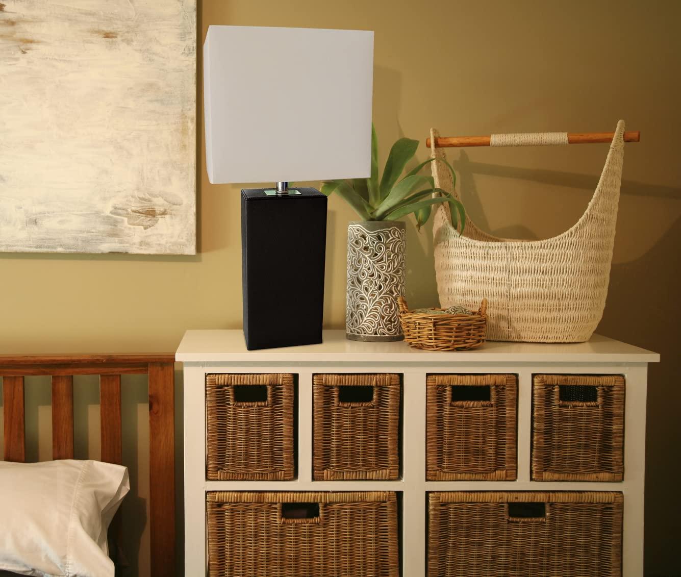 Leather Table Lamp with Fabric Shade Black - Elegant Designs: Modern Rectangle Shade, UL Listed, E26 Socket