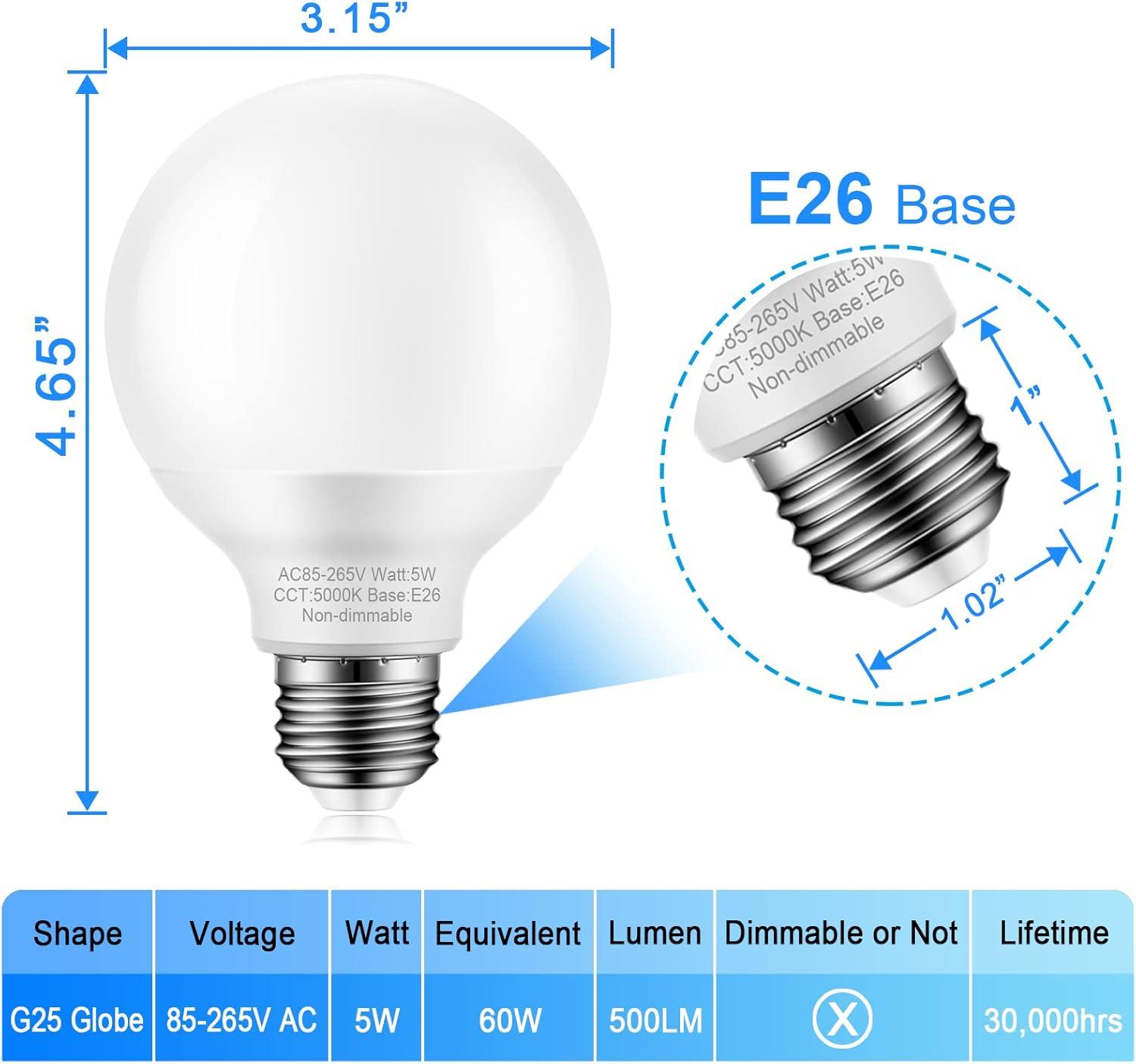 Hansang White G25 LED Globe Light Bulbs, 60W Equivalent