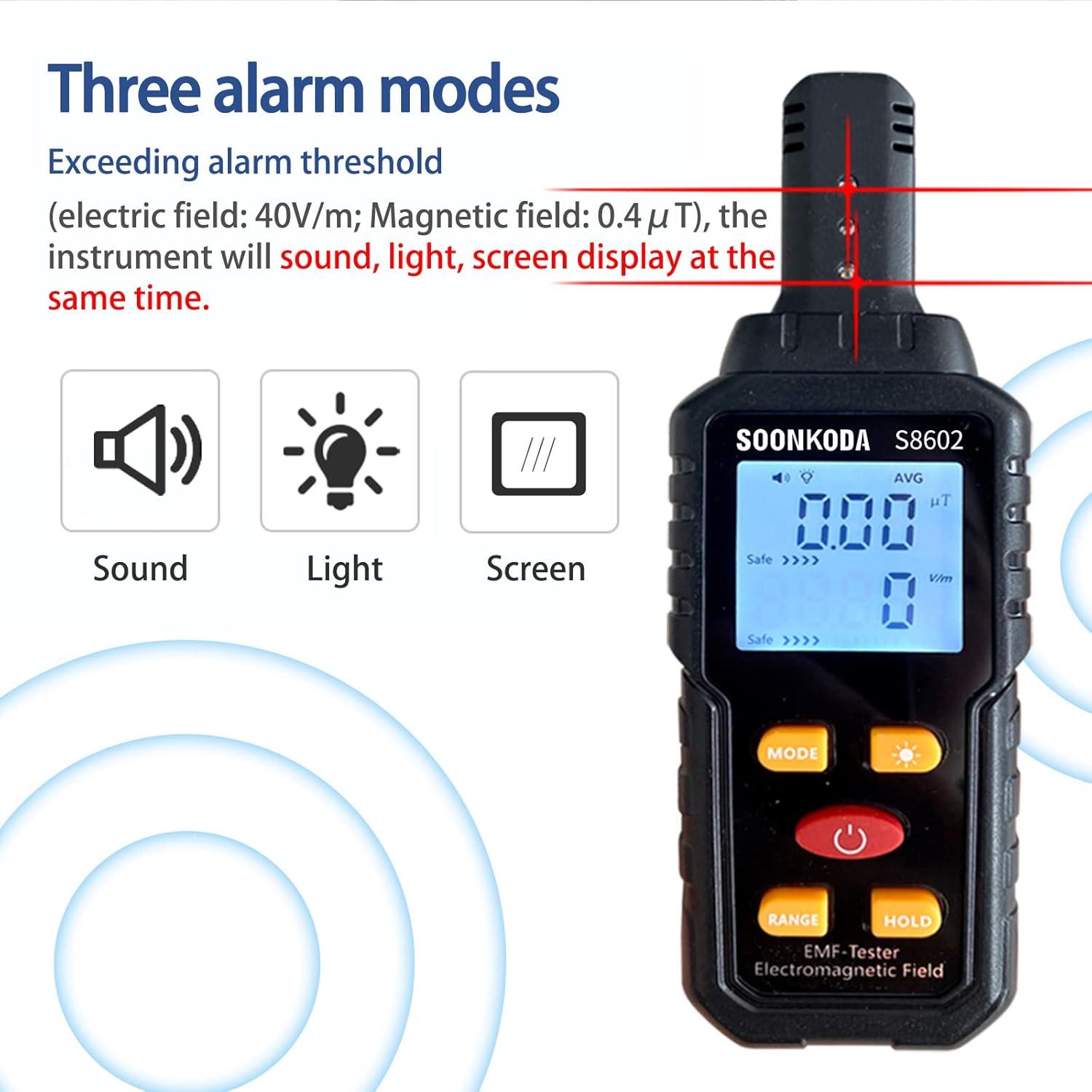3-in-1 EMF Meter Electric and Magnetic Field Radiation Detector with Temperature Measurement, Graphical Display, and Alarm for Home, Office, and Industrial Use