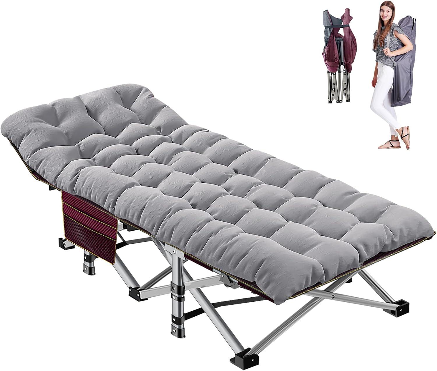 Folding Camping Cot W/Mat for Adults, Heavy Duty Outdoor Bed with Carry Bag, Layer Oxford Travel Camp Cots, Red/Noble Gray