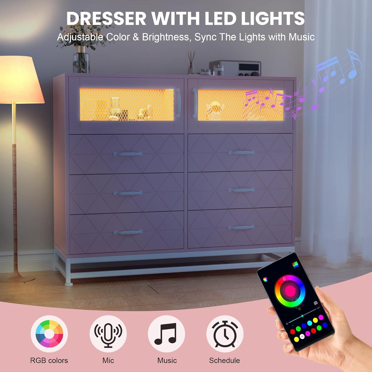 Dresser for Bedroom with LED Lights and Charging Station, Wooden 6 Drawer Double Dresser with 2 Doors, Modern Chest of Drawers for Bedroom, Entryway, Hallway, Pink