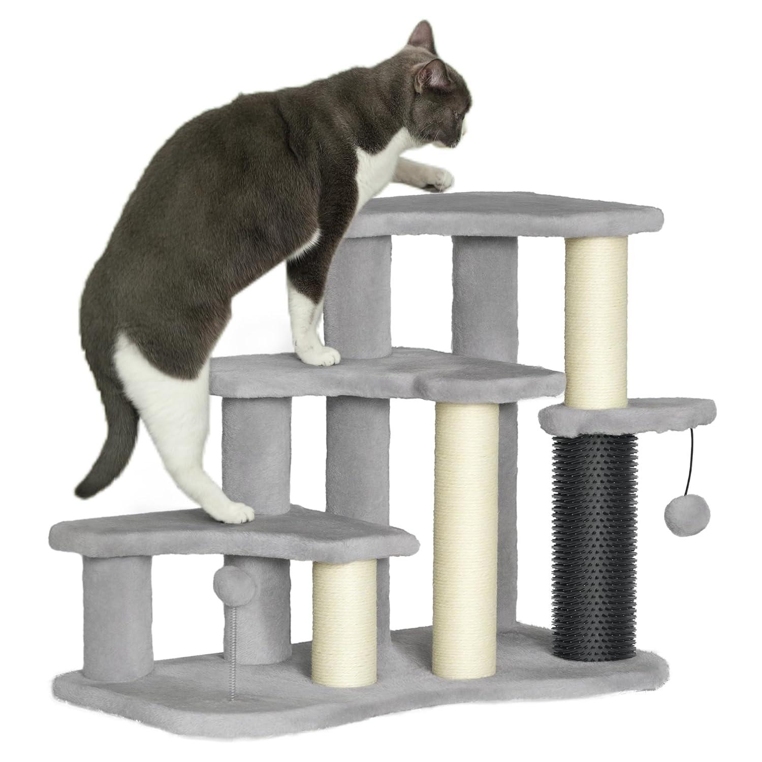 PawHut 20" Cat Tree, 2 in 1 Cat Tower 3-Step Pet Stairs with Scratching Posts, Tickling Post, Toy Balls, for High Beds, Couch, Sofa, Light Gray