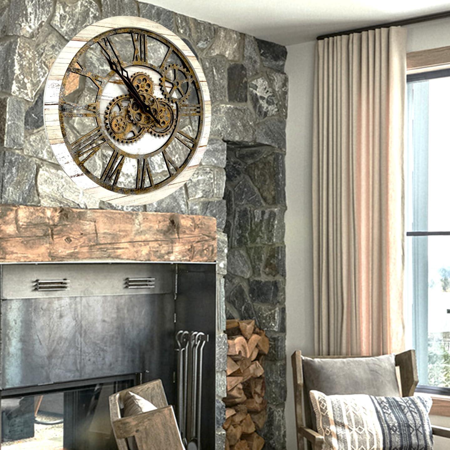 The Gears Clock Wall Clock 24" Round Oversized for Living Room decor with Real Moving Gears America Collection