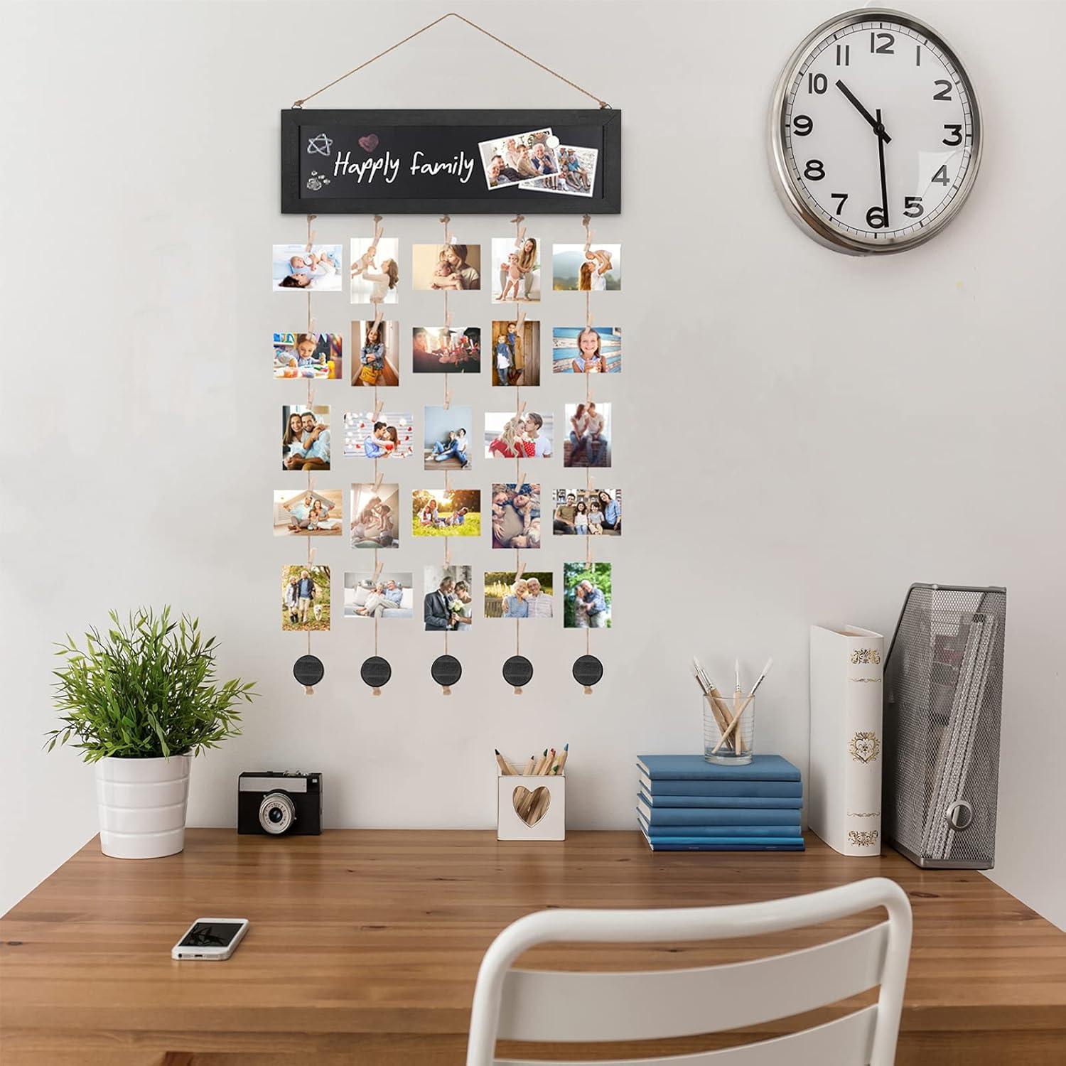 Carbonized Black Wood Collage Photo Hanging Display with Clips and Blackboard