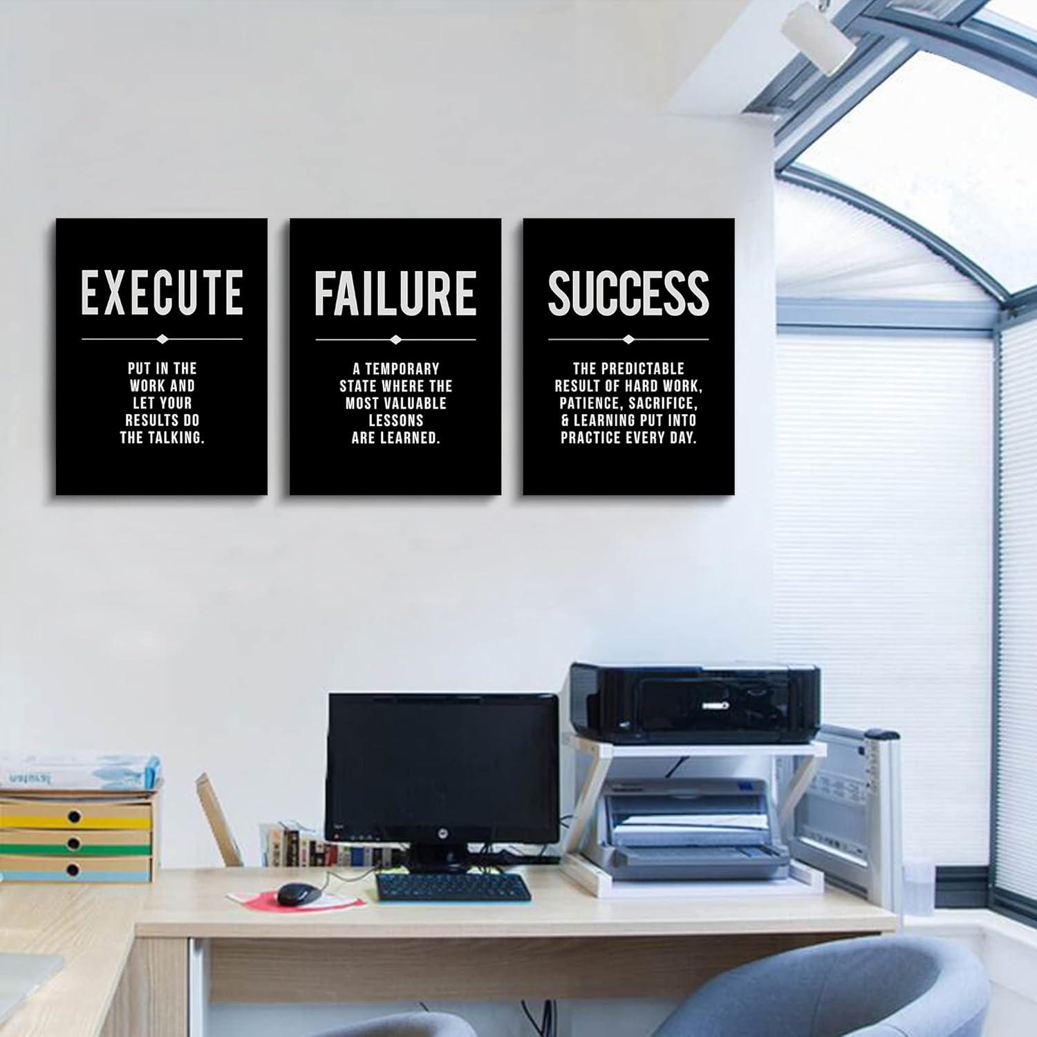 Framed Canvas Wall Art Success Quote For Office, Black Large Positive Motivational Poster, Set of 3, Execute Failure Definition, Inspirational Print (A-3pcs,12x16inchx3pcs)