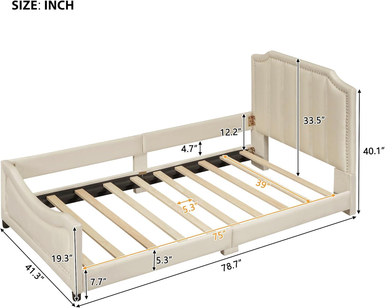 Bellemave Twin Size Upholstered Bed with Belgrave Headboard, Low Platform Bed Frame with Rails, Kids Velvet Daybed with Slats Support for Girls Boys Teens, Beige