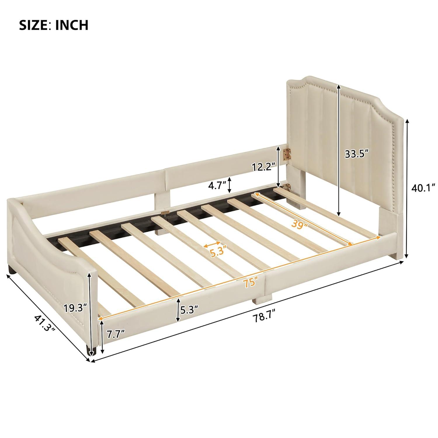 Bellemave Twin Size Upholstered Bed with Belgrave Headboard, Low Platform Bed Frame with Rails, Kids Velvet Daybed with Slats Support for Girls Boys Teens, Beige