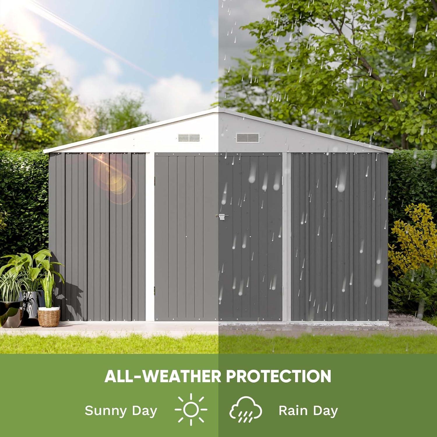 Patiowell  10 x 8 ft. Outdoor Storage Metal Shed with Sloping Roof and Double Lockable Door, Gray