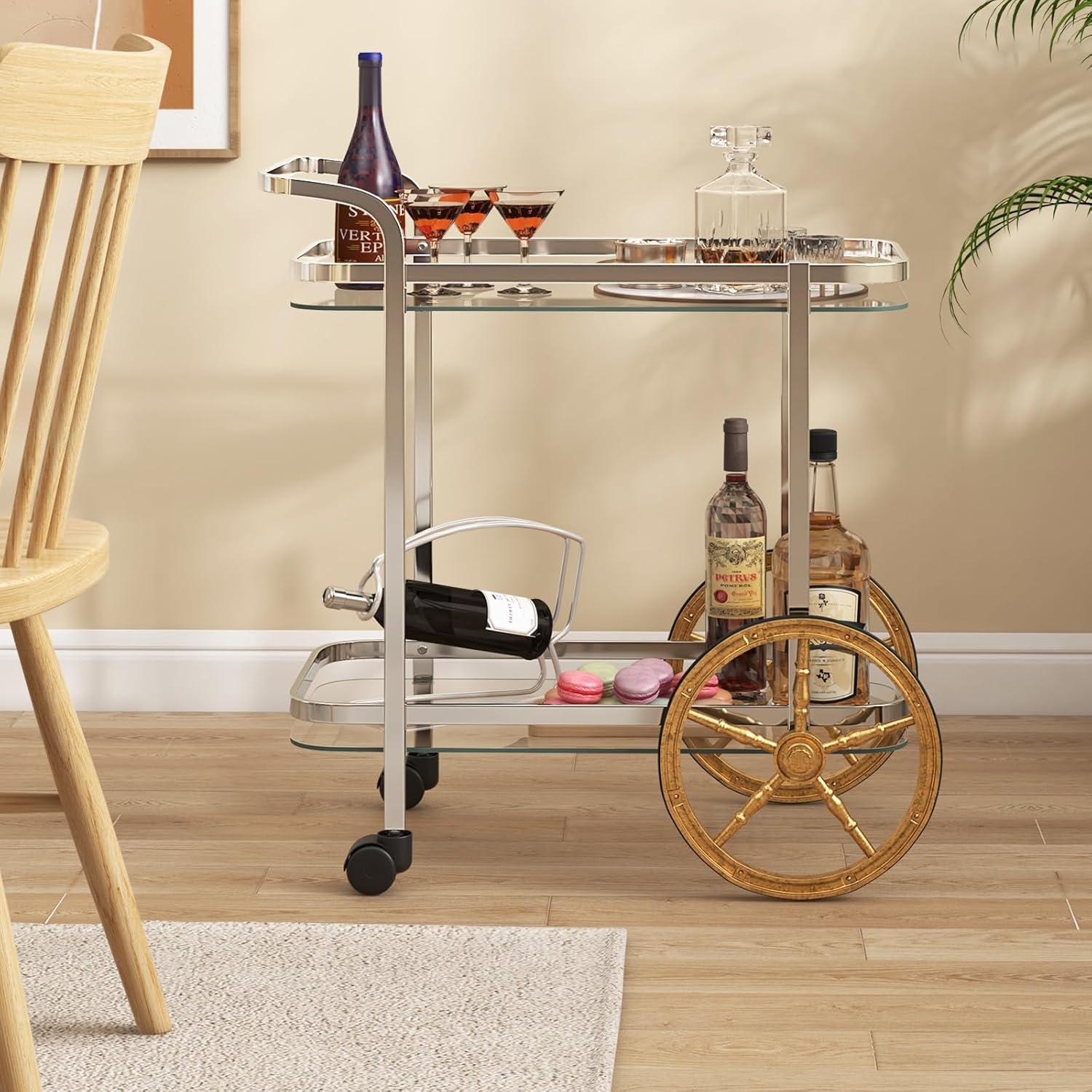 Costway Modern Bar Cart 2-Tier Tempered Glass Serving Cart with 2 Large Aluminum Wheels & 2 Rolling Casters Easy-to-Grip Handle Stainless Steel Frame