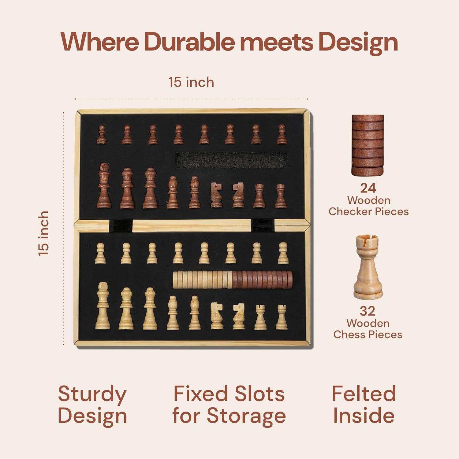 KiddiTouch 15 inch Magnetic Wooden Chess Set 2 in 1 Folding Chess Board Travel Chess Games for Adults and Kids