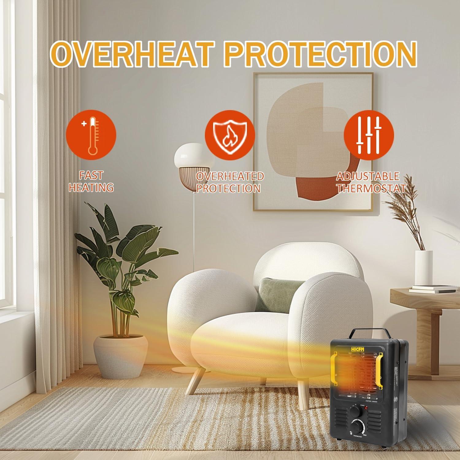 HiCFM Milkhouse Space Heater, 1300W/1500W Electric Heater with Thermostat, Safe and Quiet for Home Office Garage Workshop - UL Safety Listed