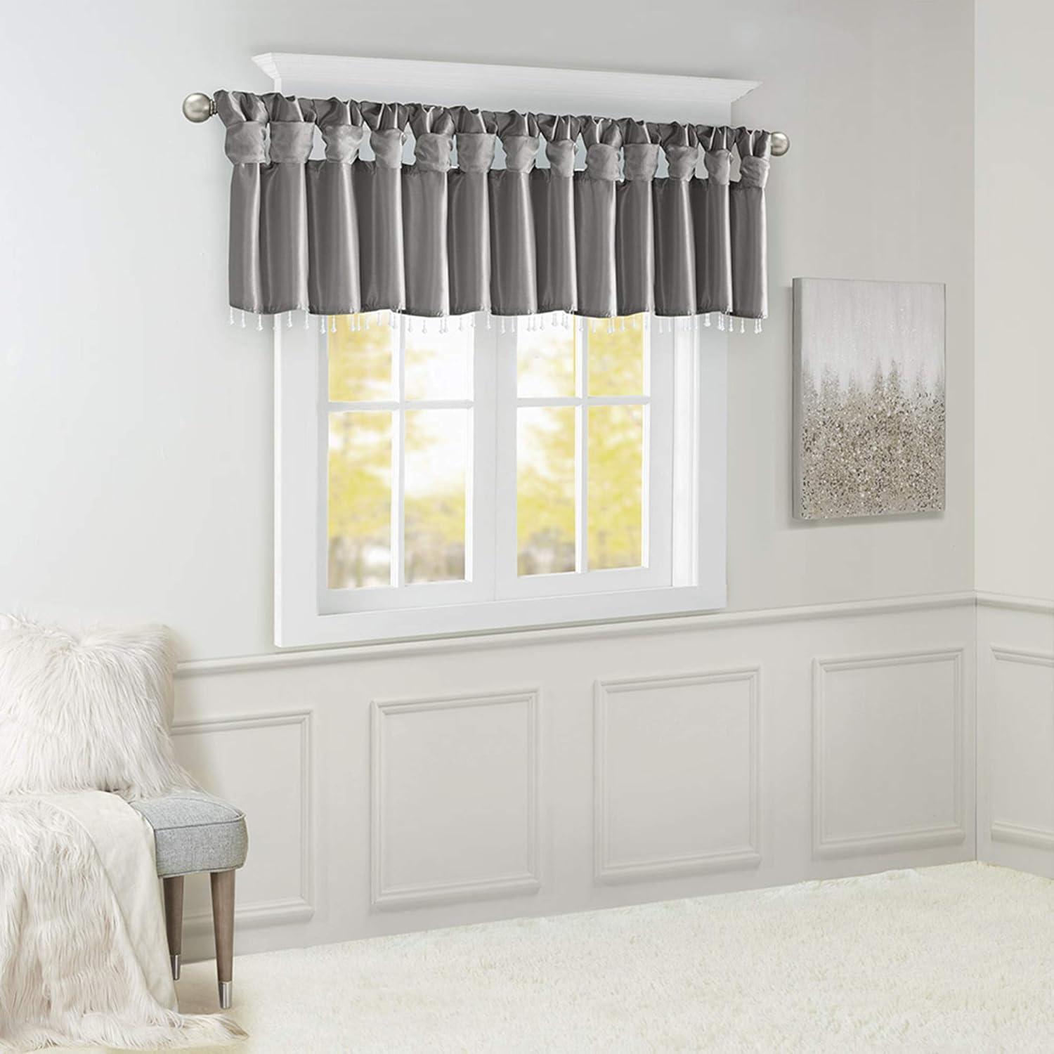 Charcoal Faux Silk Tab Top Valance with Beaded Detail