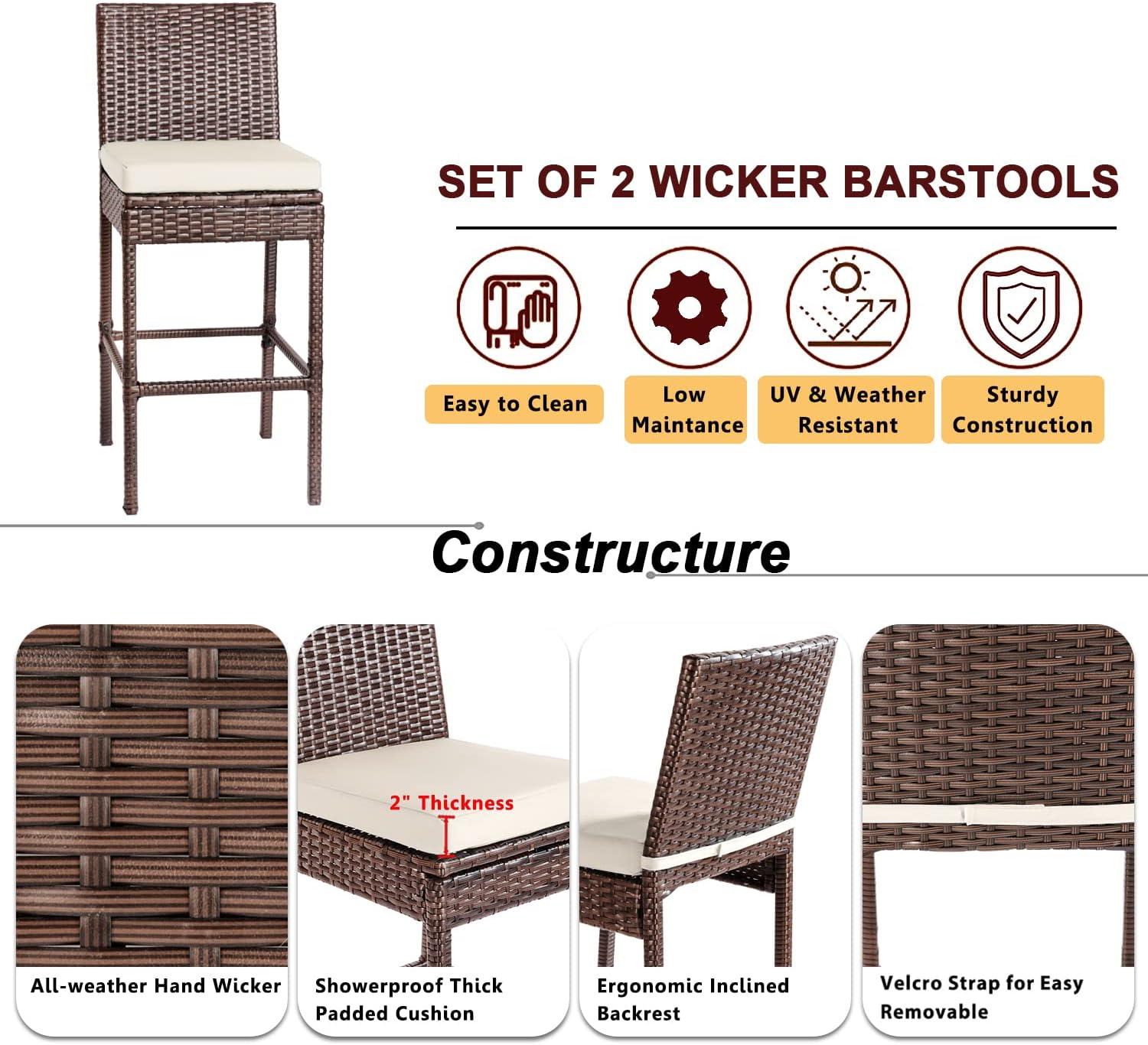 Outdoor Bar Stools Wicker Patio Stools & Bar Chairs Set of 2 Counter Height Stools Footrest Armless Brown