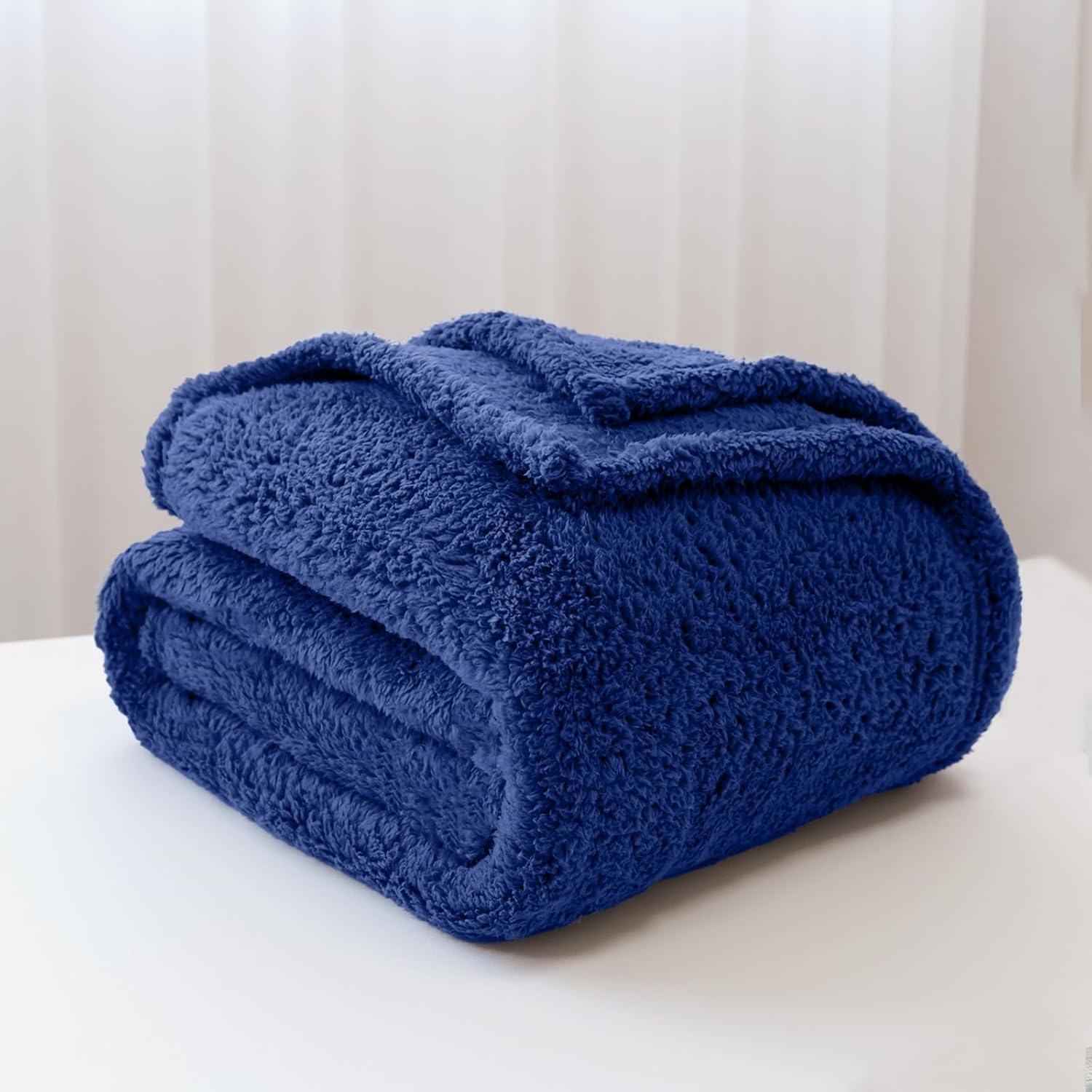 My World Cloud Faux Shearling Throw Blanket Navy: Sensory Friendly, Knitted Polyester, Machine Washable