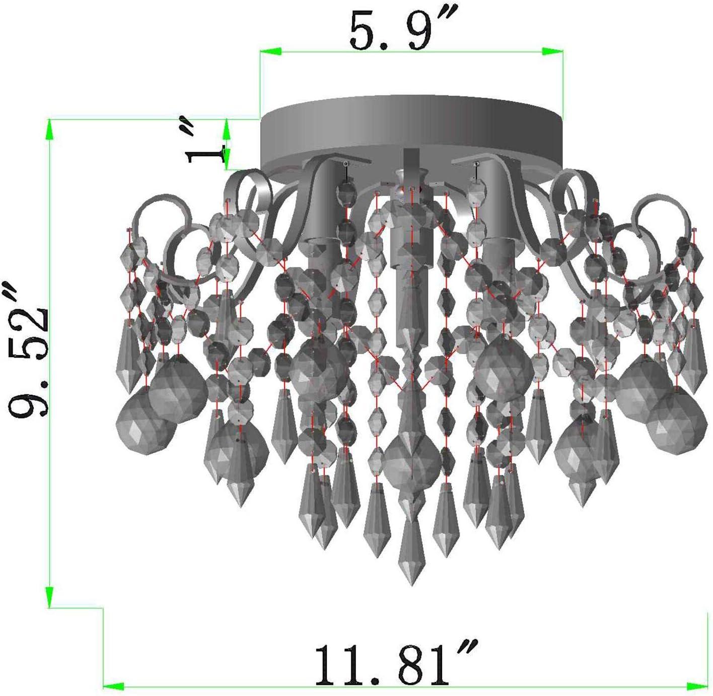 Q&S Small Crystal Chandelier Flush Mount Ceiling Light 3 Lights Modern Chrome Iron Raindrop Crystal Ceiling Fixture for Bedroom Hallway Closet Entryway Stairs