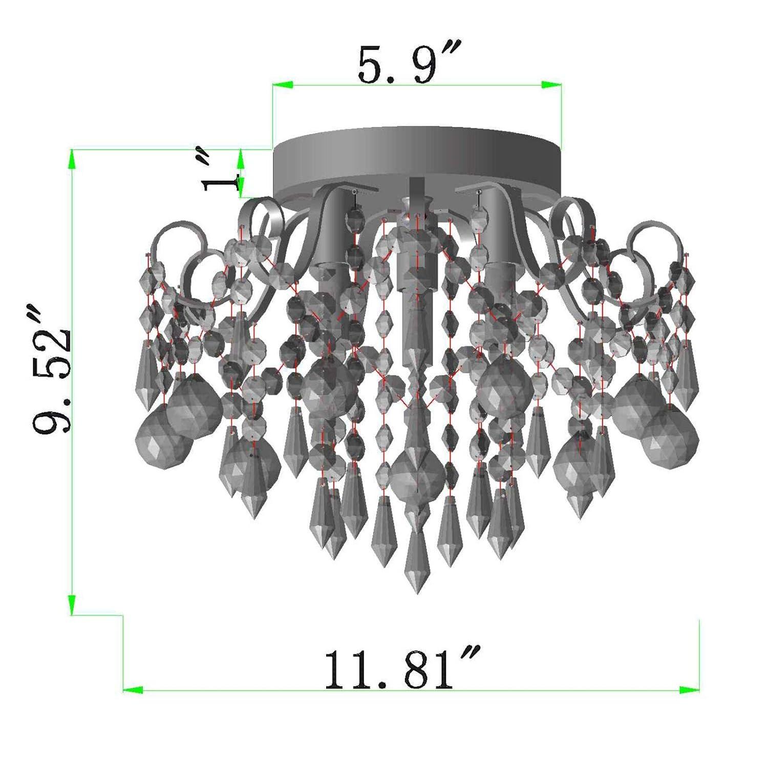 Q&S Small Crystal Chandelier Flush Mount Ceiling Light 3 Lights Modern Chrome Iron Raindrop Crystal Ceiling Fixture for Bedroom Hallway Closet Entryway Stairs