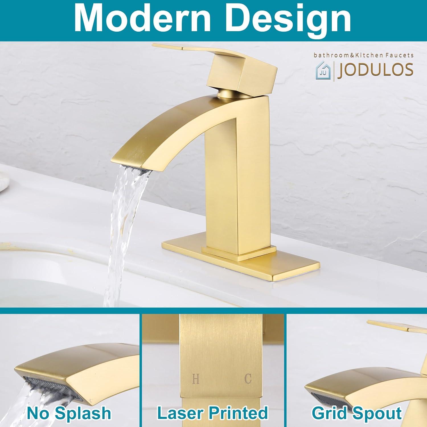 Brushed Gold Brass Single Handle Bathroom Faucet with Deck Plate