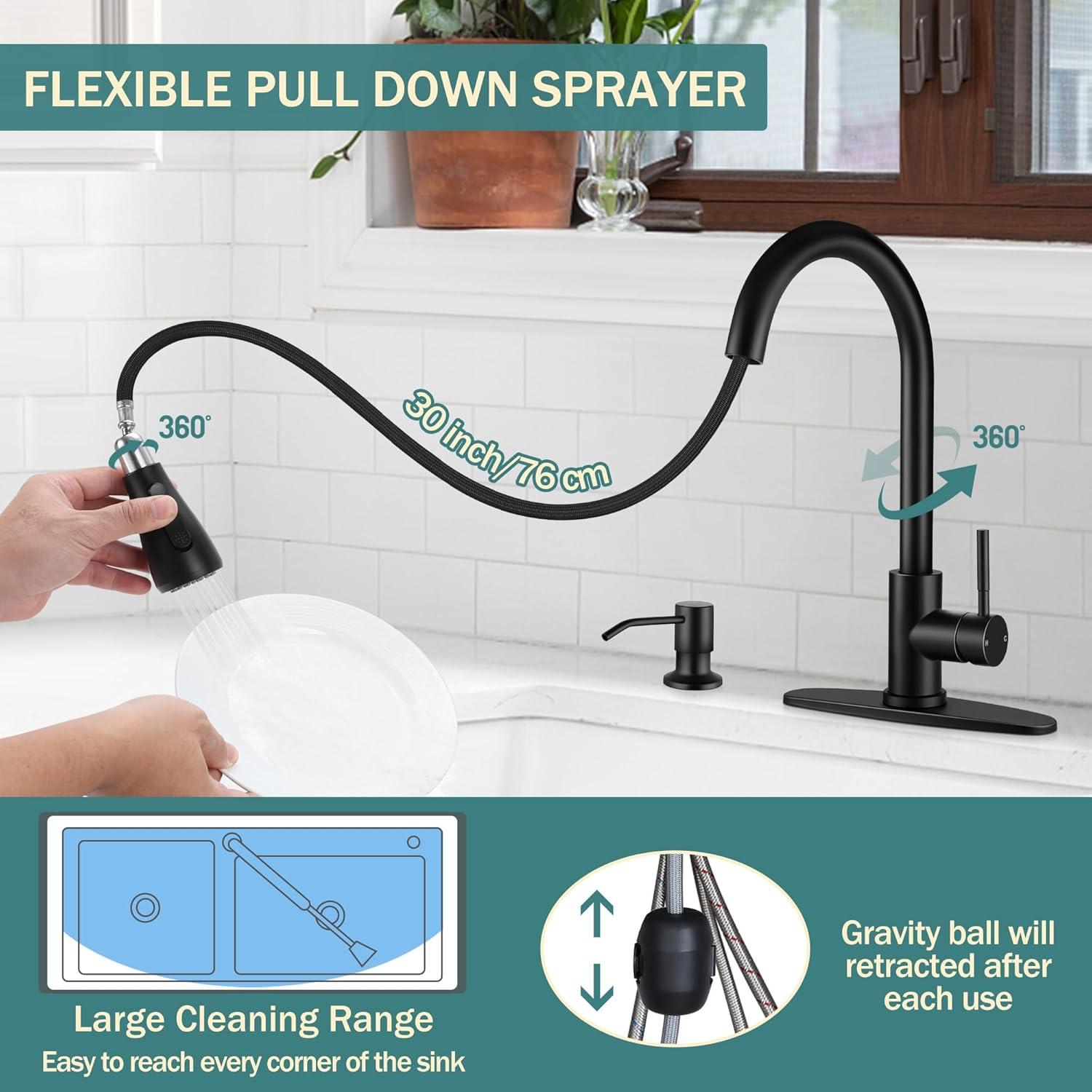 Matte Black Stainless Steel Pull-Down Kitchen Faucet with Soap Dispenser