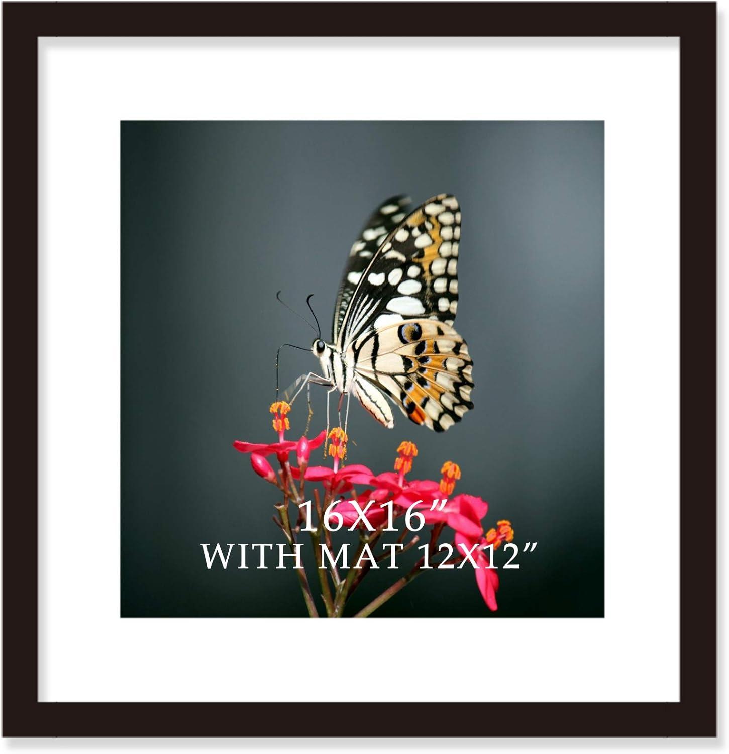 16x16 Frame Black With Mat 12x12 Solid Wood Picture Frames Wall Mounting (1 pack, 16x16 Inch)…