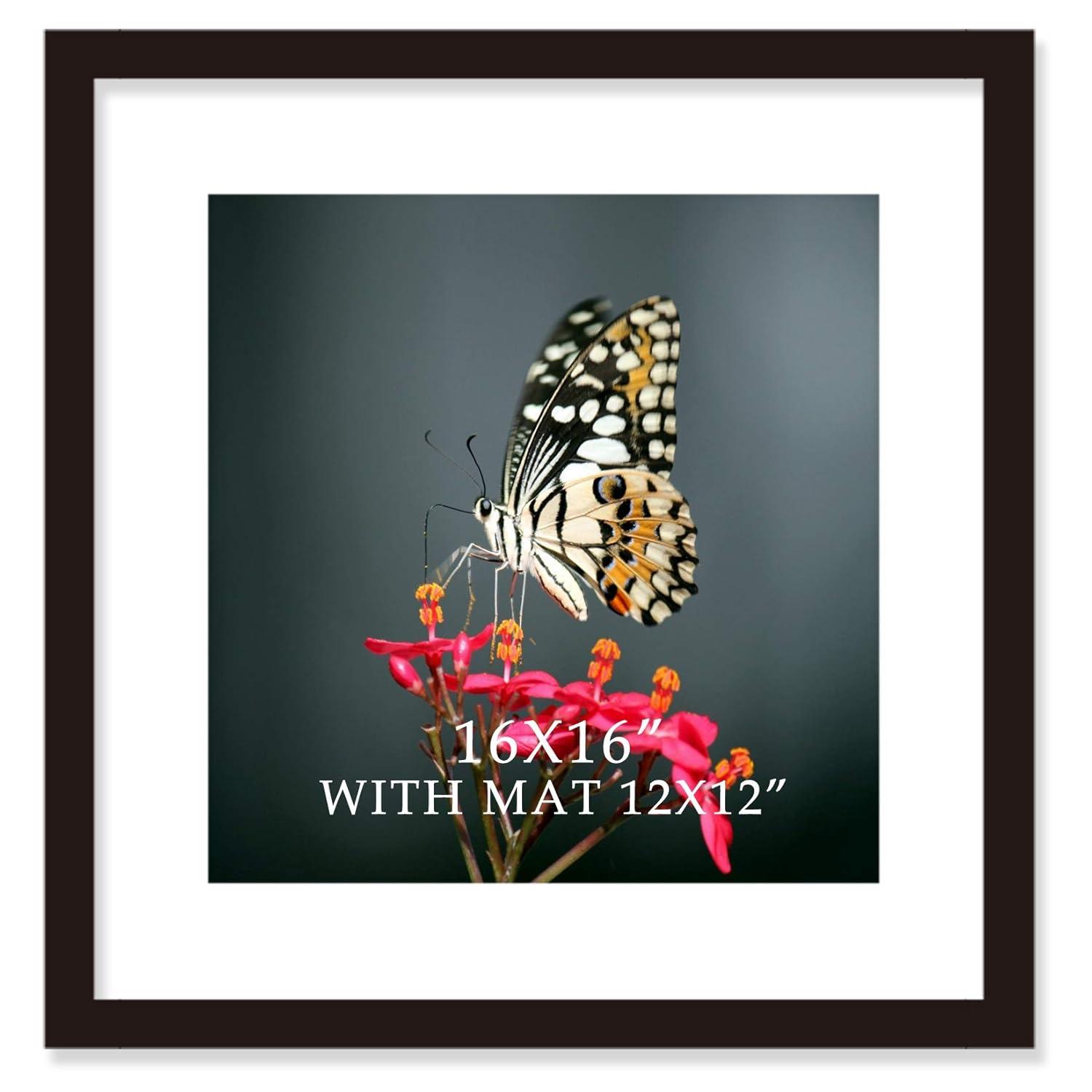 16x16 Frame Black With Mat 12x12 Solid Wood Picture Frames Wall Mounting (1 pack, 16x16 Inch)…