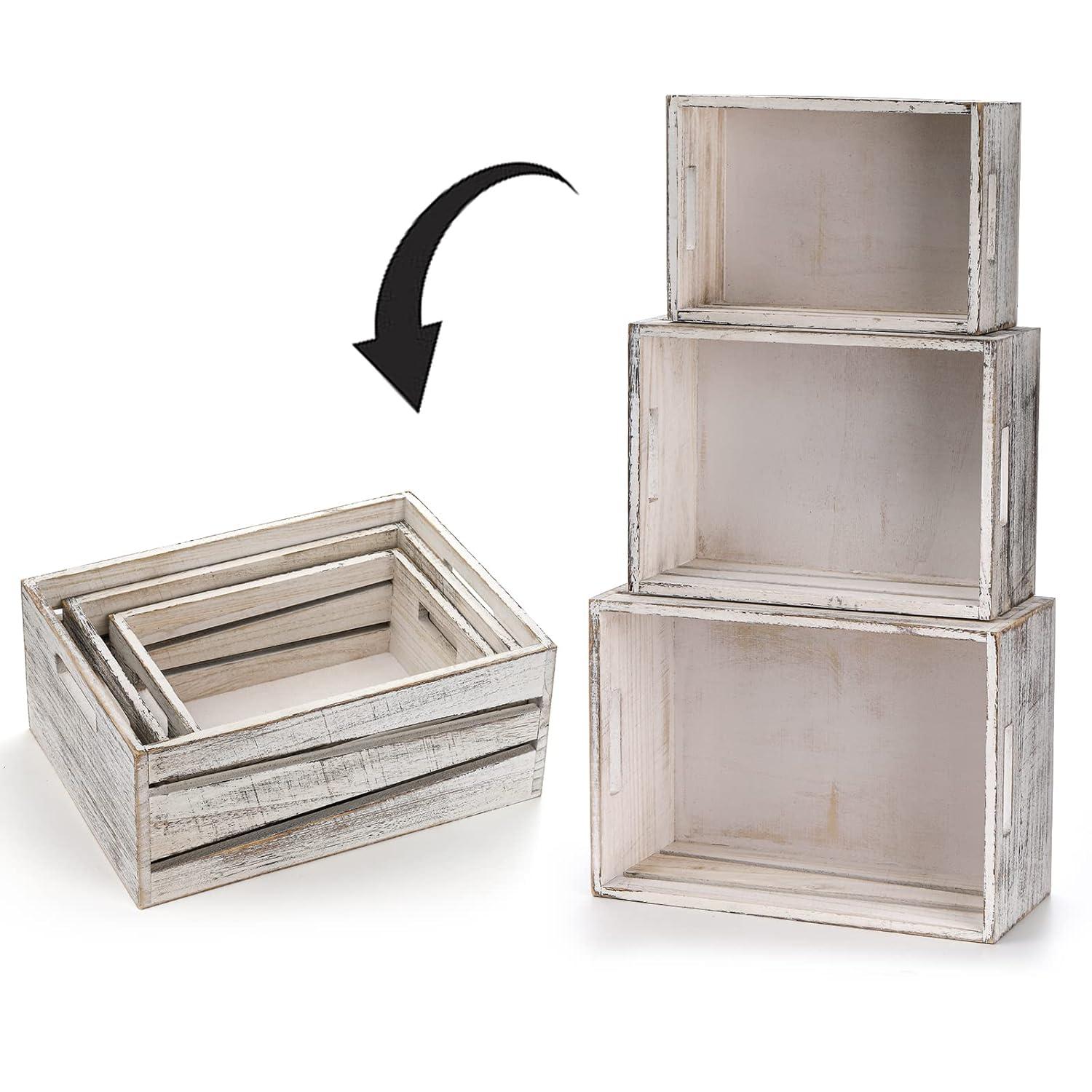Admired By Nature Wooden Crates Storage Container, Rustic White Set of 3, Farmhouse Style Decorative Baskets for Home Decor, Rustic Decor, Nesting Stackable Organizers, Distressed Wood Crates C21