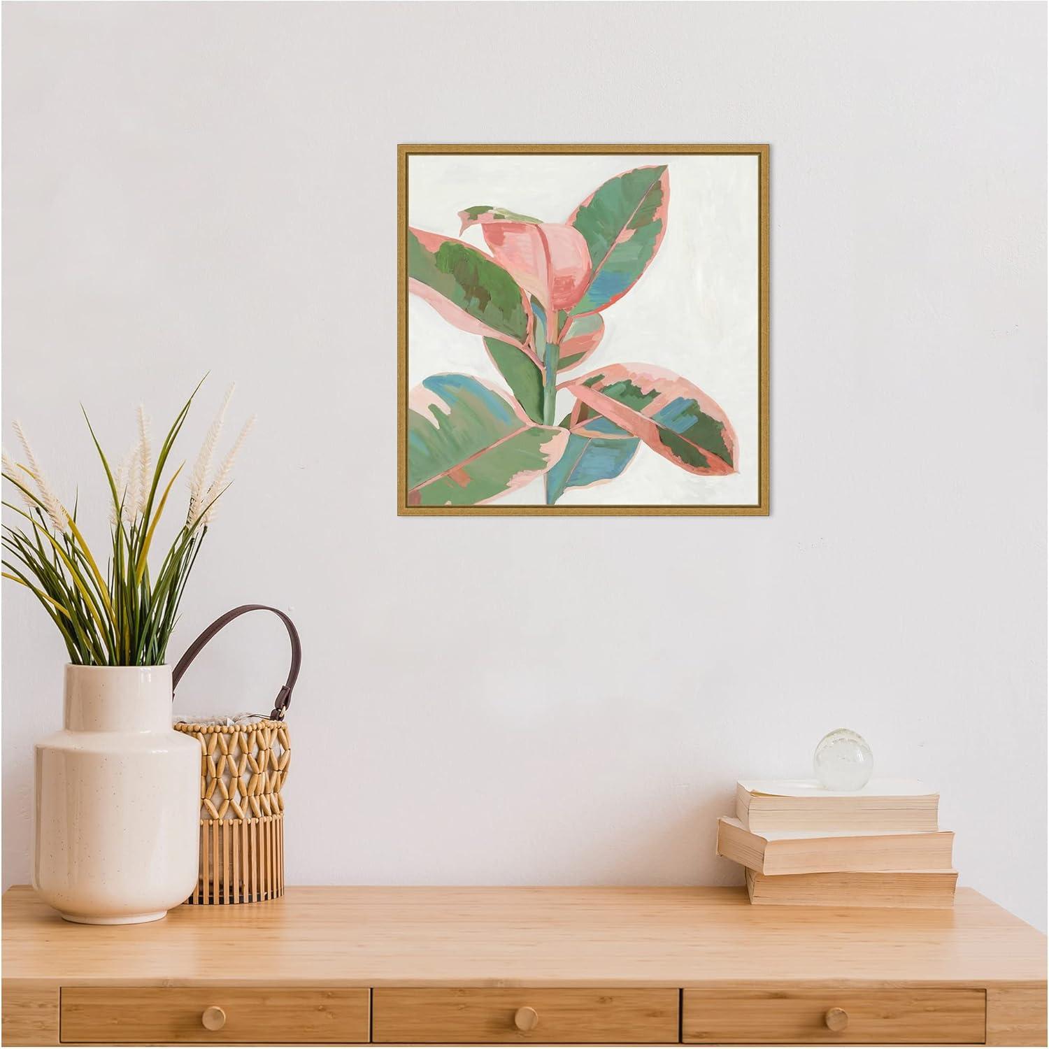 Pink and Green Ficus Canvas Print with Gold Frame