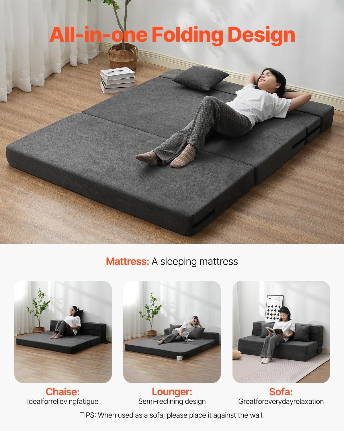 VEVOR Folding Sofa Bed, 3-in-1 Foldable Couch Bed with 2 Pillows and Washable Cover, 25D High Density Memory Foam Sleeper Chair Bed, Dark Grey(Queen)