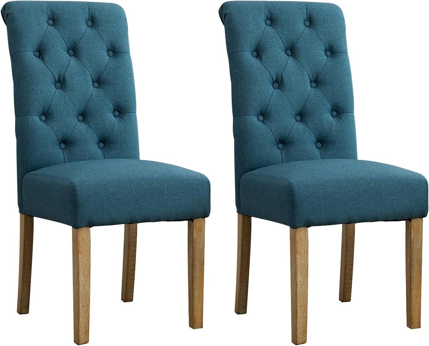 Roundhill Furniture Habit Solid Wood Tufted Parsons Dining Chair, Blue, Set of 2