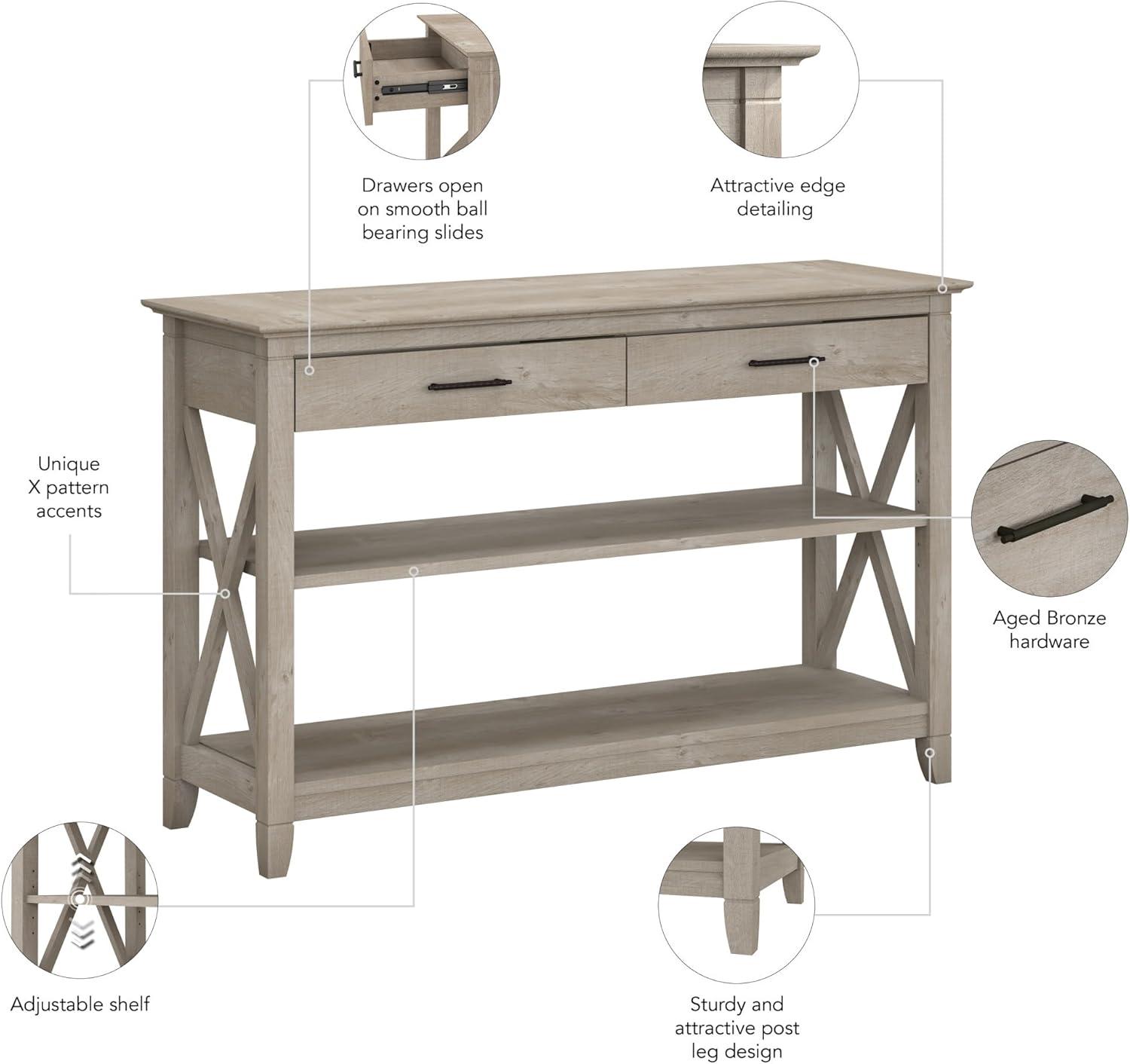 Washed Gray Farmhouse Console Table with Storage and X Pattern Accents