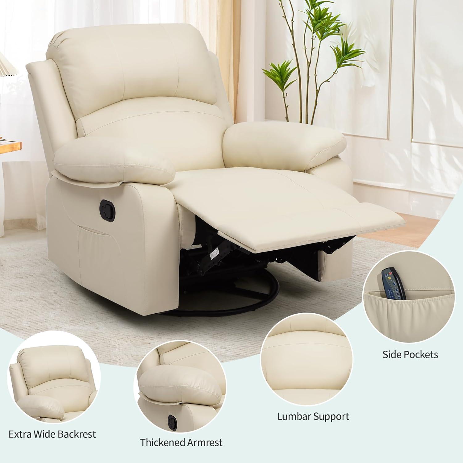 YITAHOME Oversized Rocker Recliner Chair with Heat and Massage, Lazy Boy Recliner with Overstuffed Armrest, Rocking Function and Side Pocket, Faux Leather Manual Reclining Chair for Living Room,Biege2