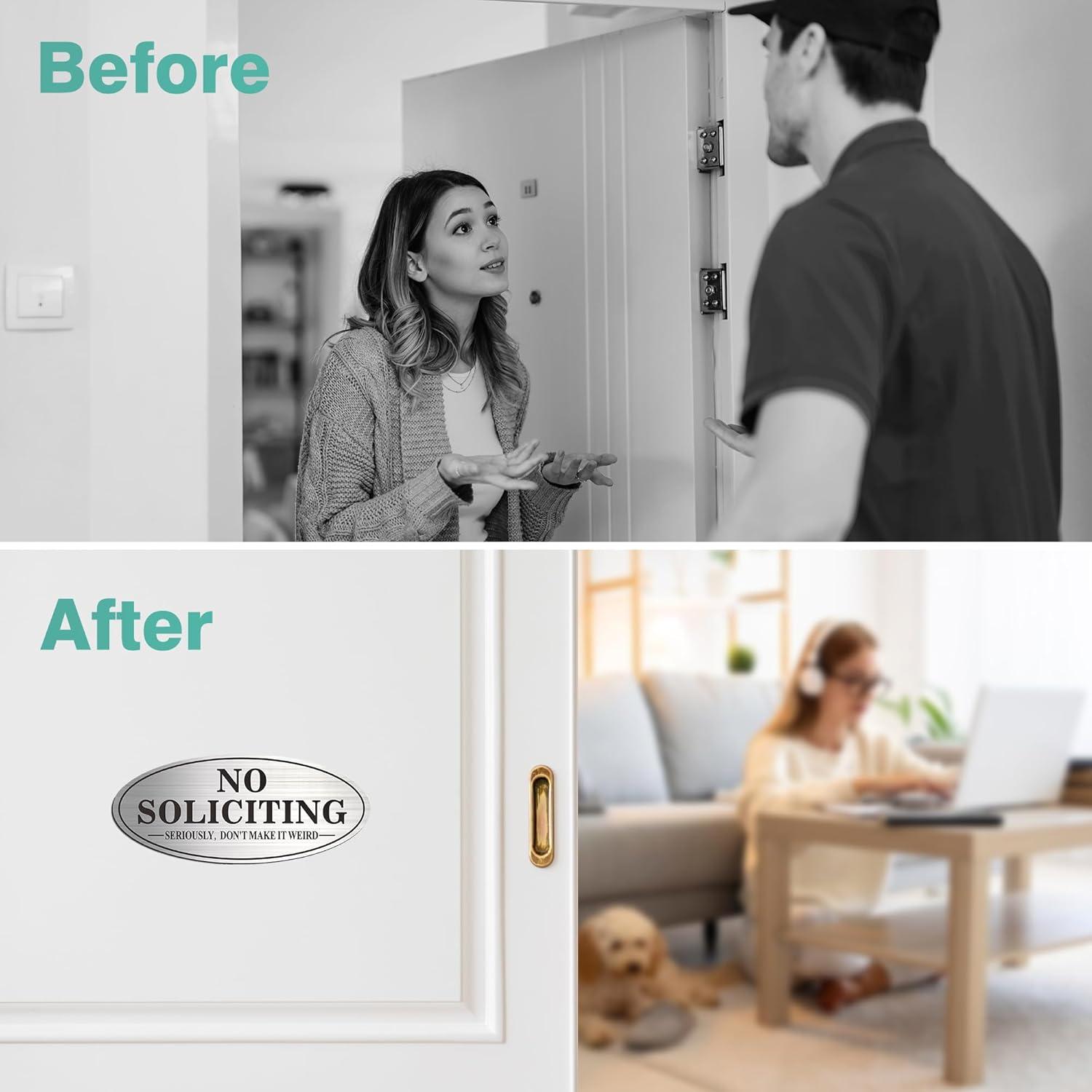 No Soliciting Sign, No Solicitors Sign for Front Door, 2 Pack Self-Adhesive Aluminum Metal No Solitation Do Not Knock or Ring Bell Sign, 7.0 x 3.0 inches Weather Resistant Signs for Home Doorbell Busi