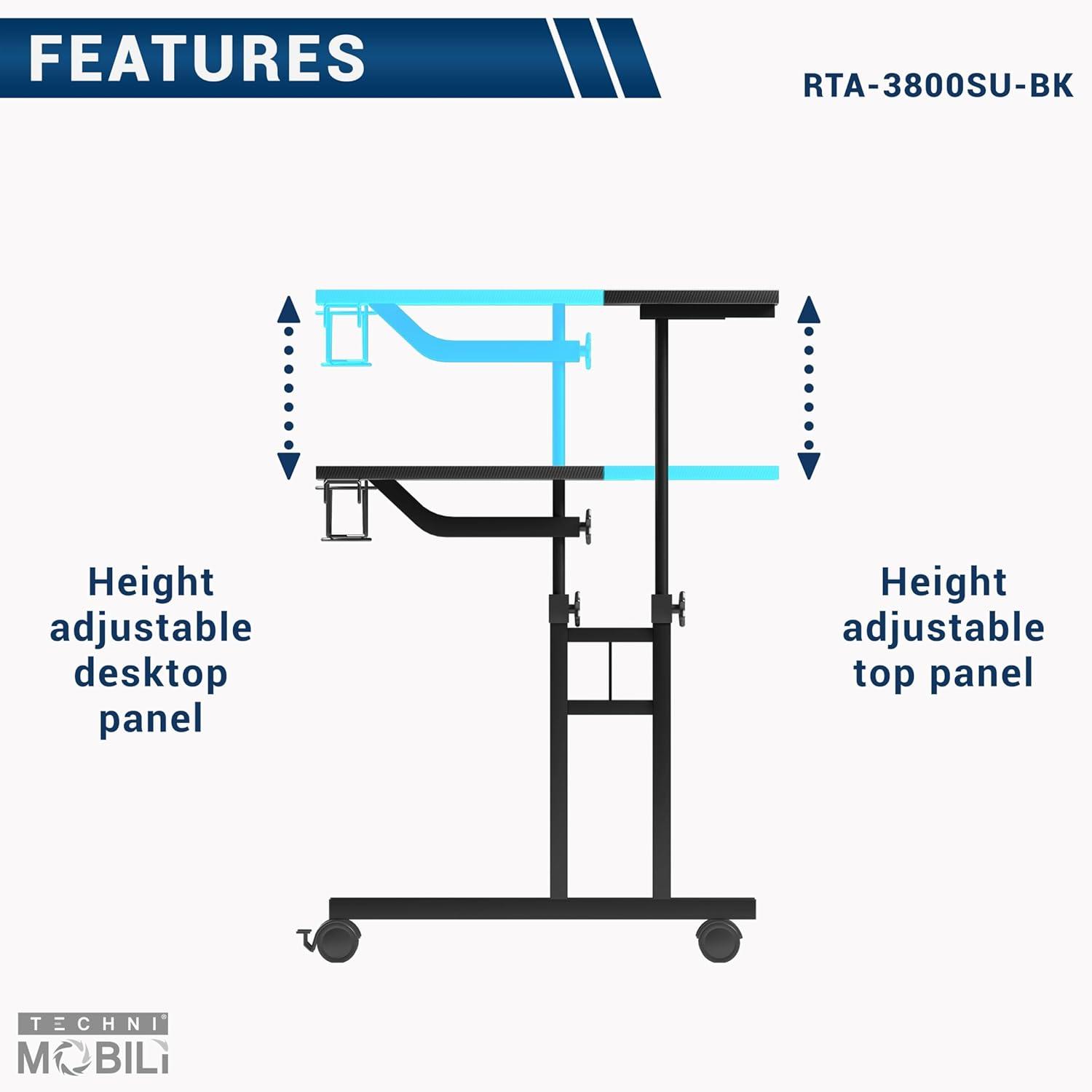 Rolling Writing Desk with Height Adjustable Desktop and Moveable Shelf - Techni Mobili