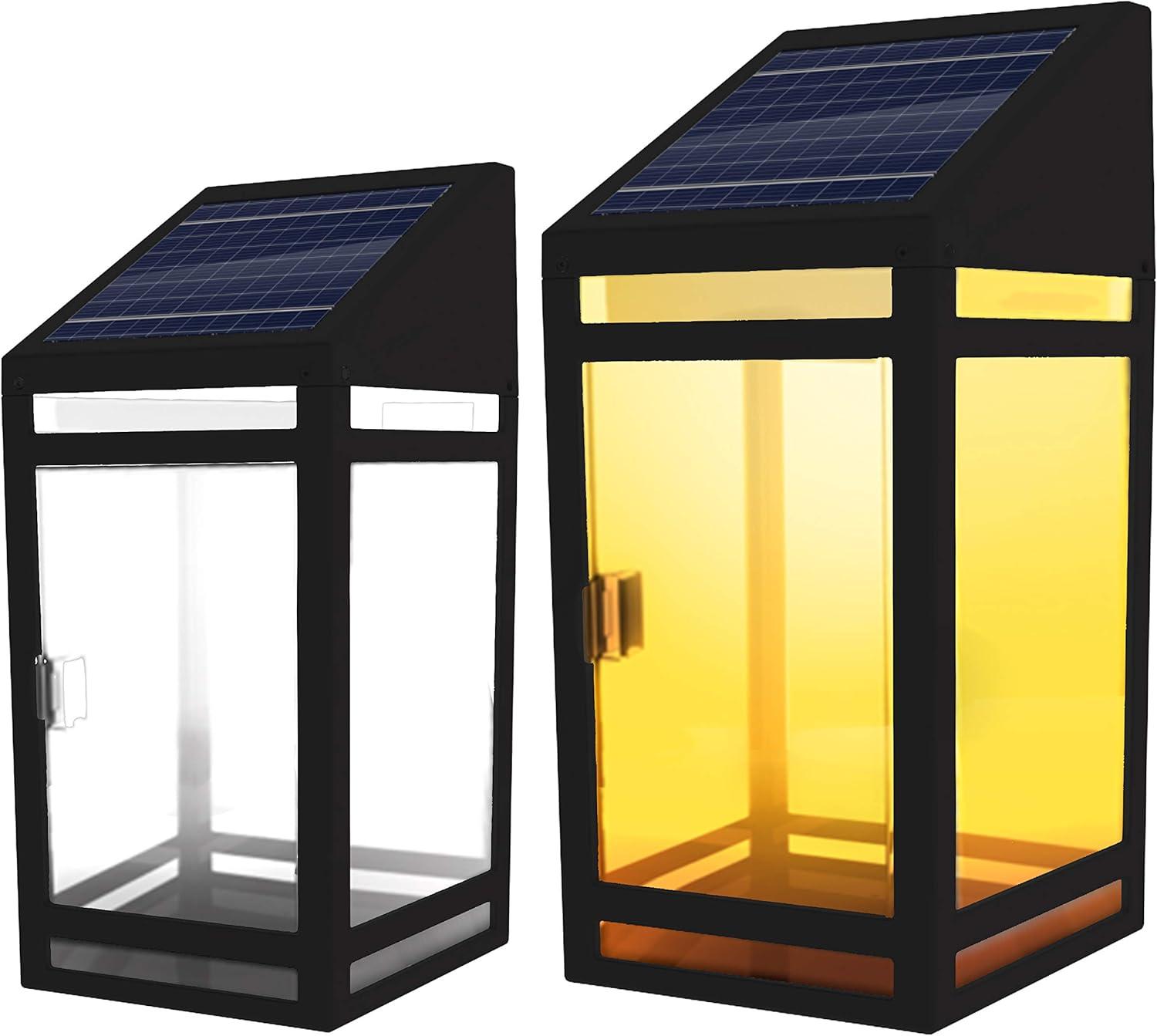 Black Solar Powered Wall Lantern with Clear and Amber Panels