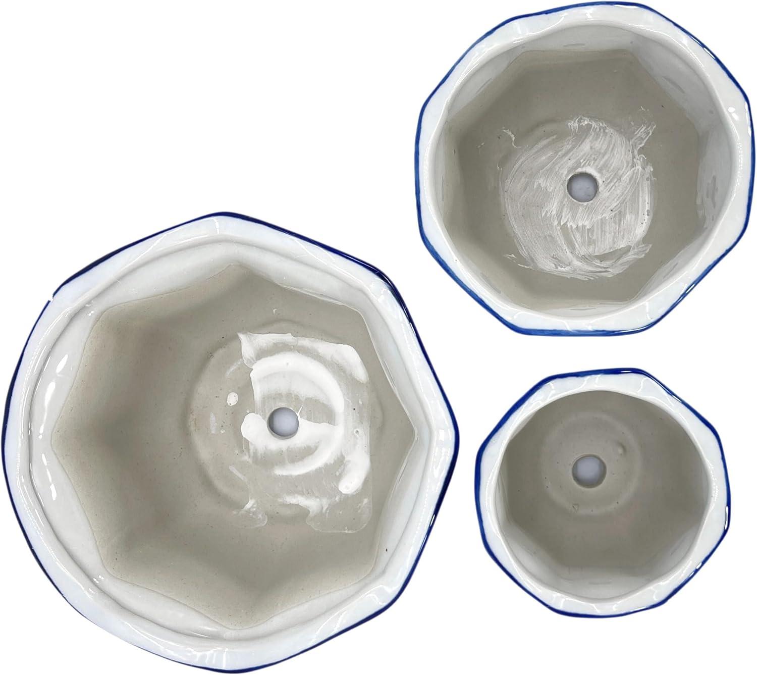 Set of 3 Blue and White Ceramic Floral Planter Pots