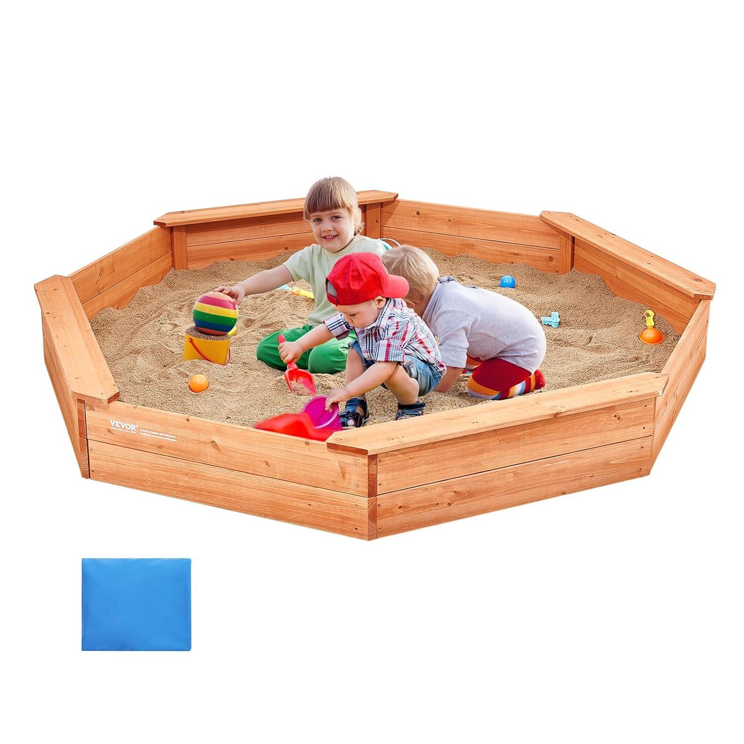 VEVOR Wooden Sandbox with Cover, 75.6 x 75.6 x 9.1 in Octagonal Sand Box, Sand Pit with 4 Seating and Bottom Liner