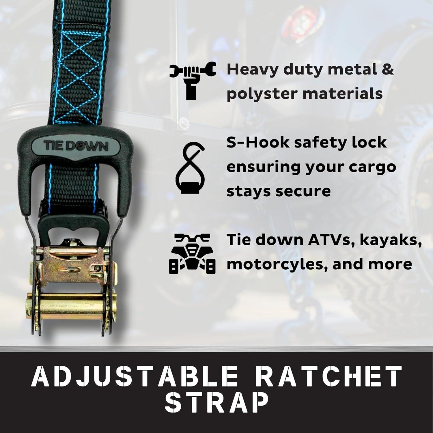 Tie Down 1.5 inch x 8 ft Black Heavy Duty Ratchet Strap, 2-Pack Kit - 5208 lbs. Breaking Load Limit