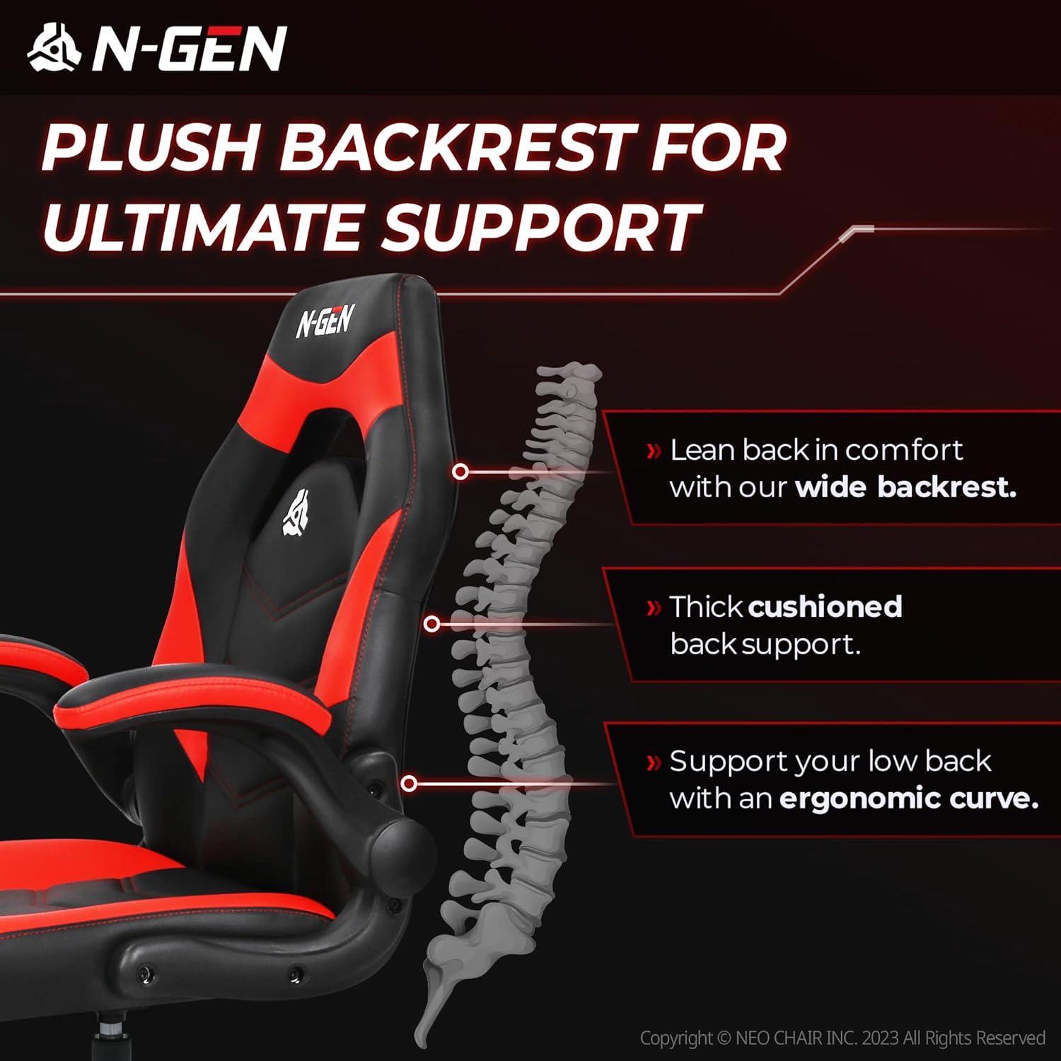 N-GEN Adjustable Ergonomic Faux Leather Swiveling PC & Racing Game Office Desk Chair with Flip-Up Arms