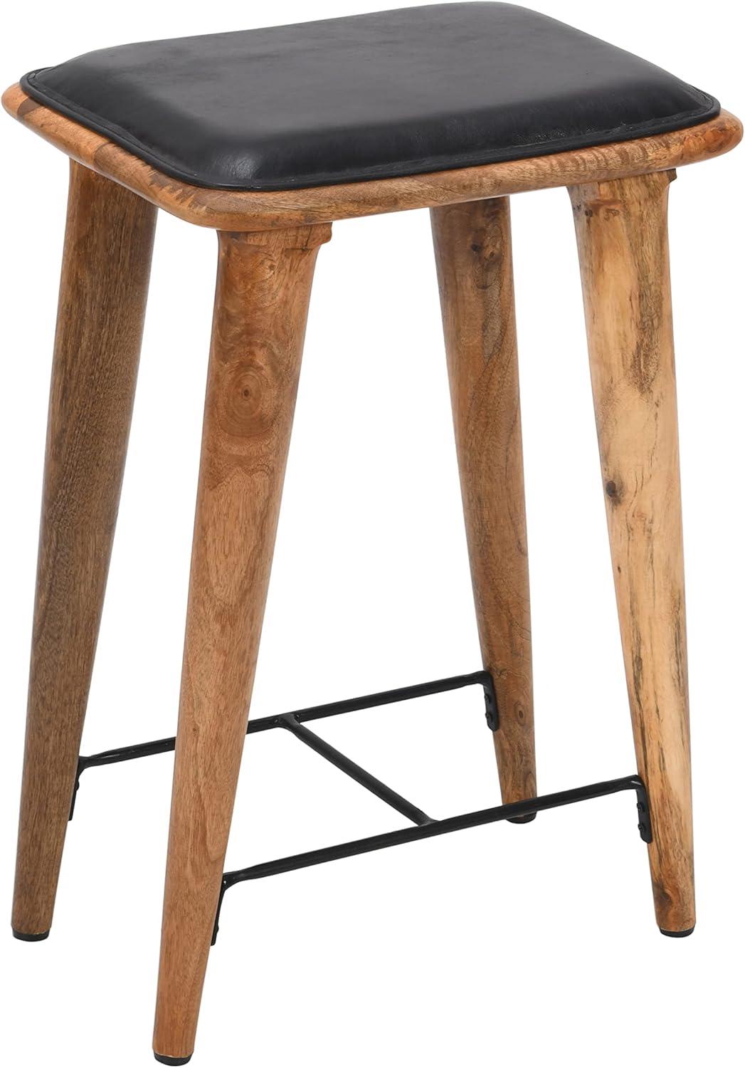 25 Inch Counter Height Bar Stool, Genuine Leather Seat, Mango Wood Frame, Black, Brown- Saltoro Sherpi