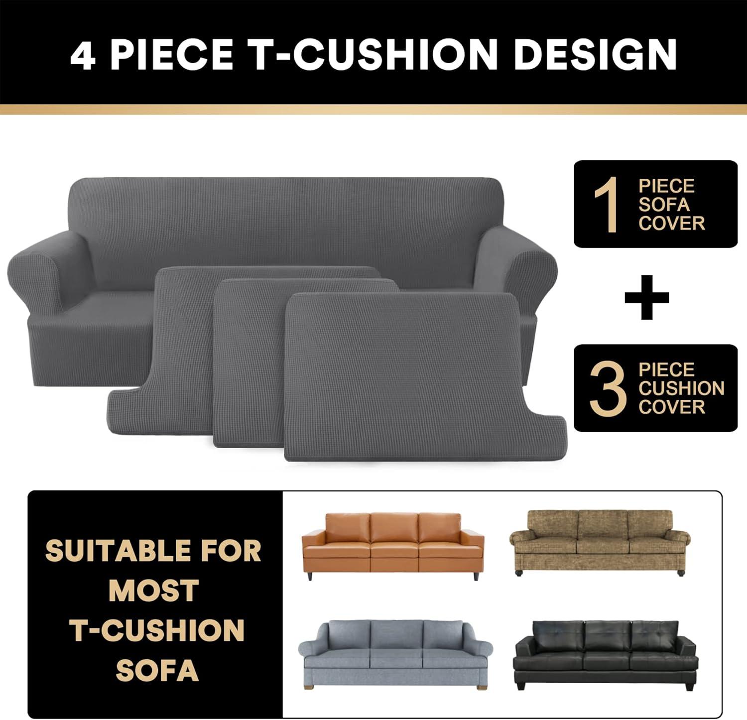 Gray Stretch T Cushion Sofa Slipcover with Elastic Straps