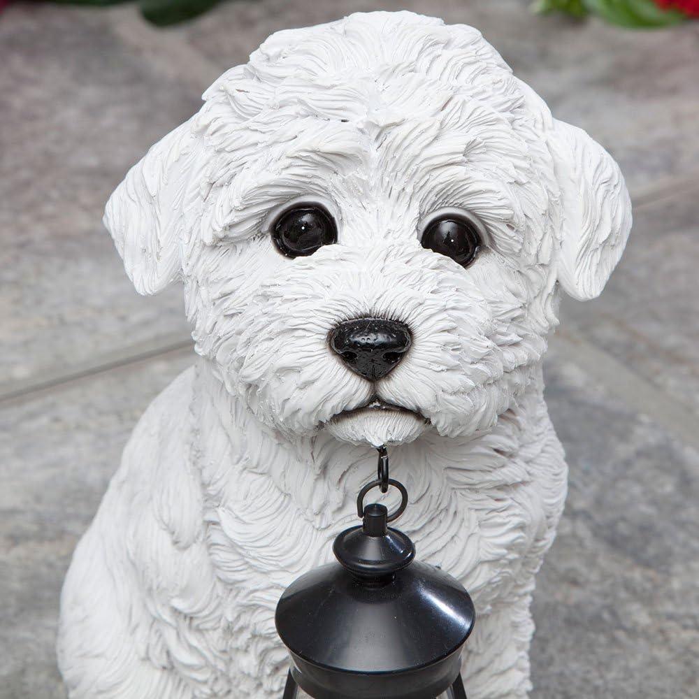 White Resin Bichon Dog Solar Lantern Statue with LED Light