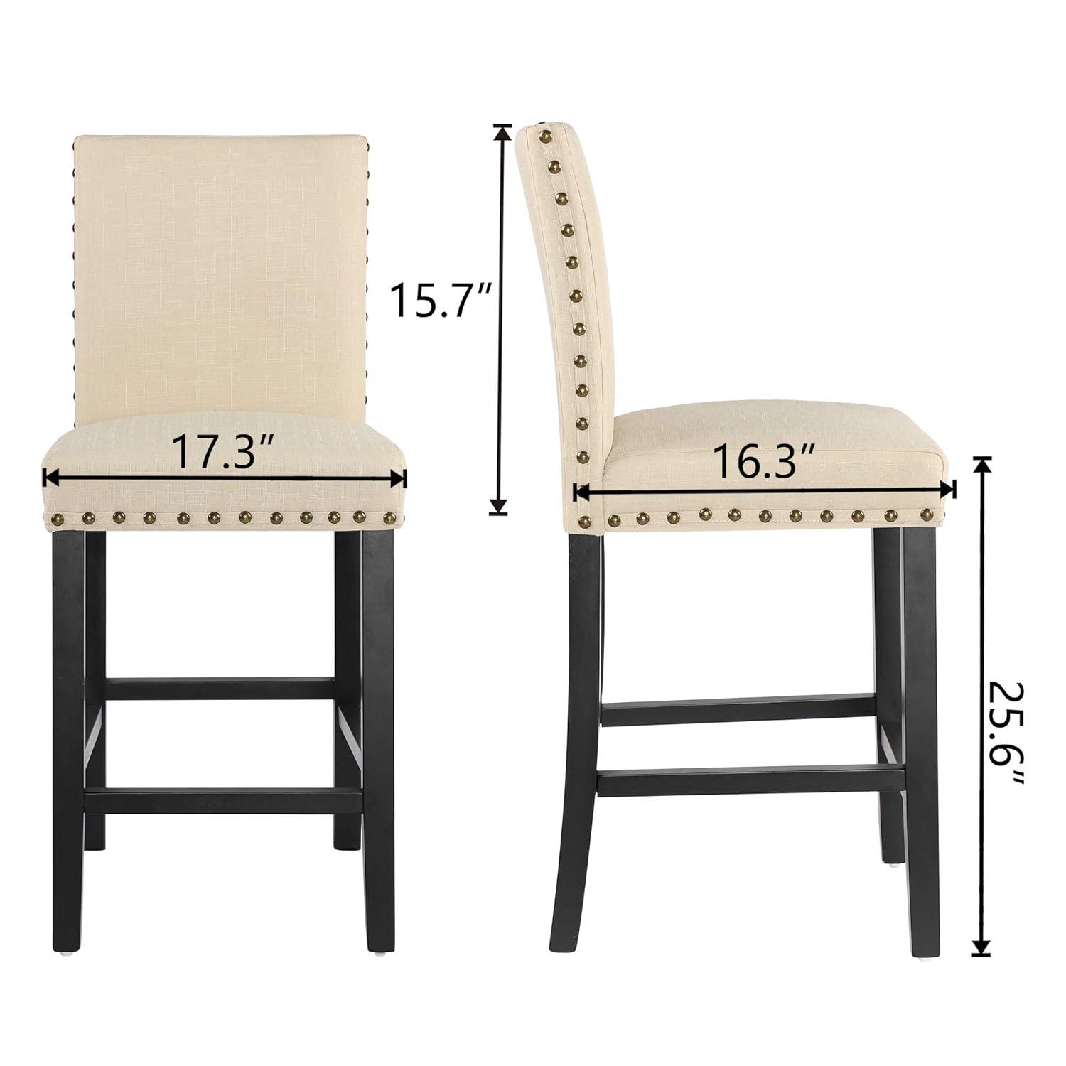 Alieon Counter Stools Nail Head Decoration 24” Soft Cushions with Solid Wood Legs (Set of 2 Beige)