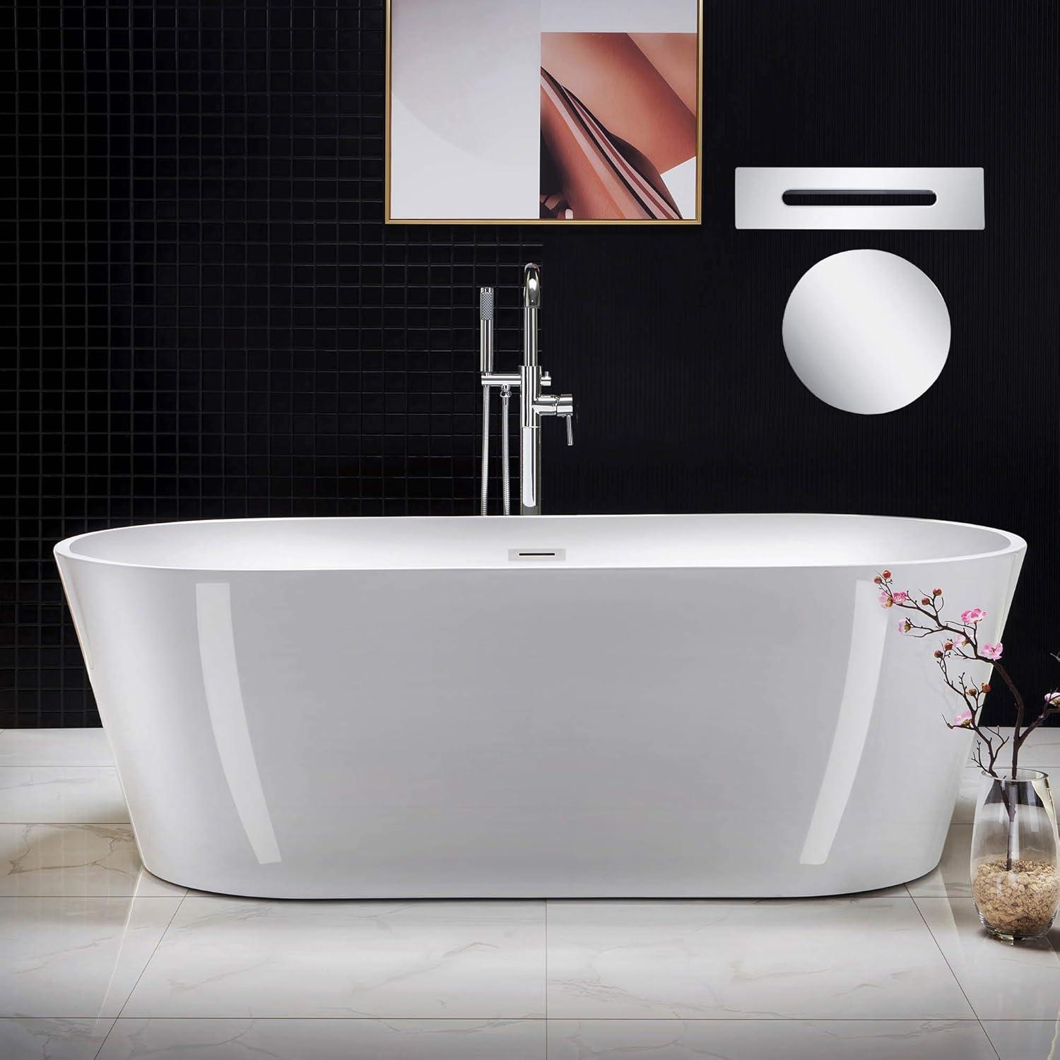 71'' White Acrylic Freestanding Oval Bathtub with Chrome Overflow