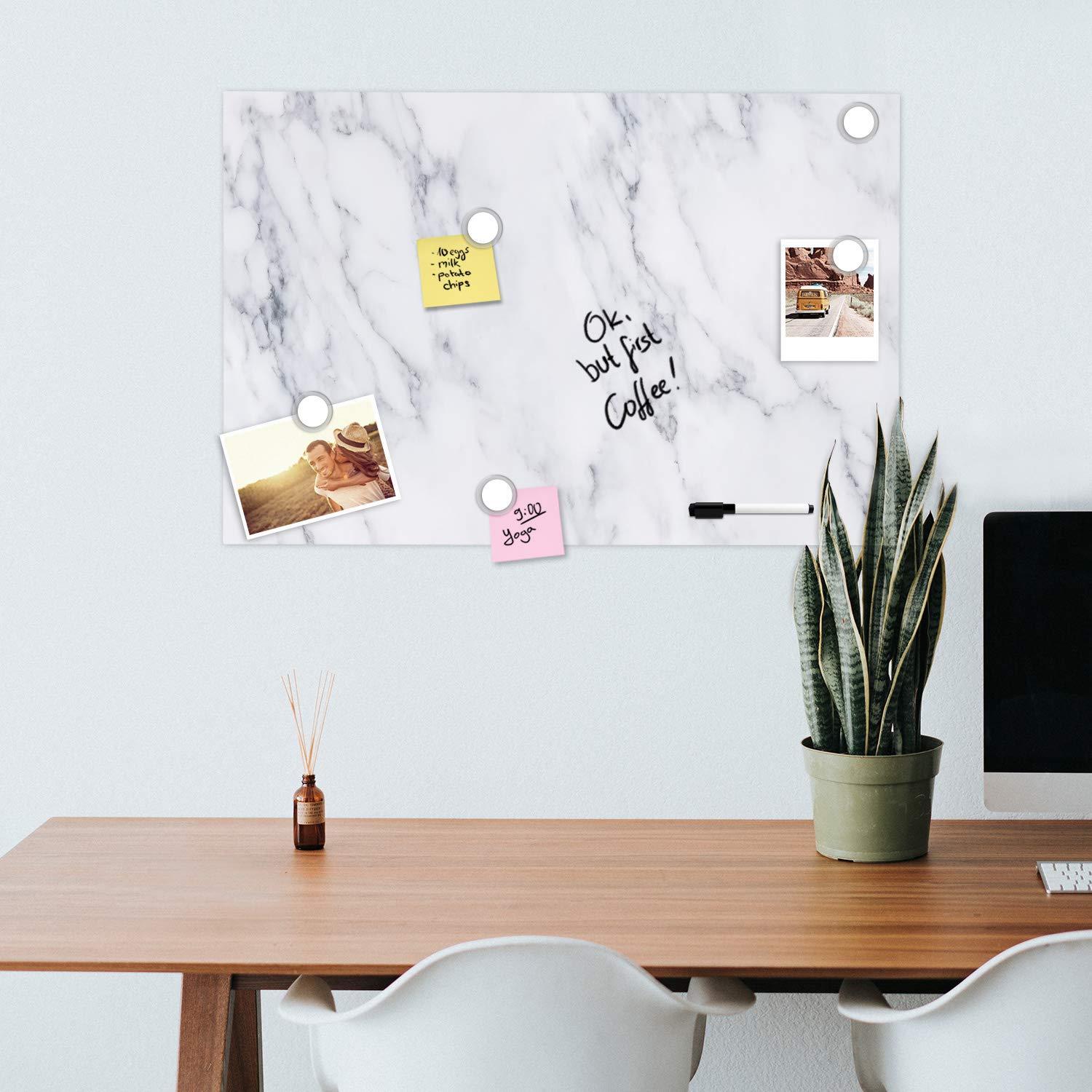 Navaris Magnetic Dry Erase Board - 24 x 36 inches Decorative White Board for Wall with Printed Design, Includes 5 Magnets and Marker - White Marble