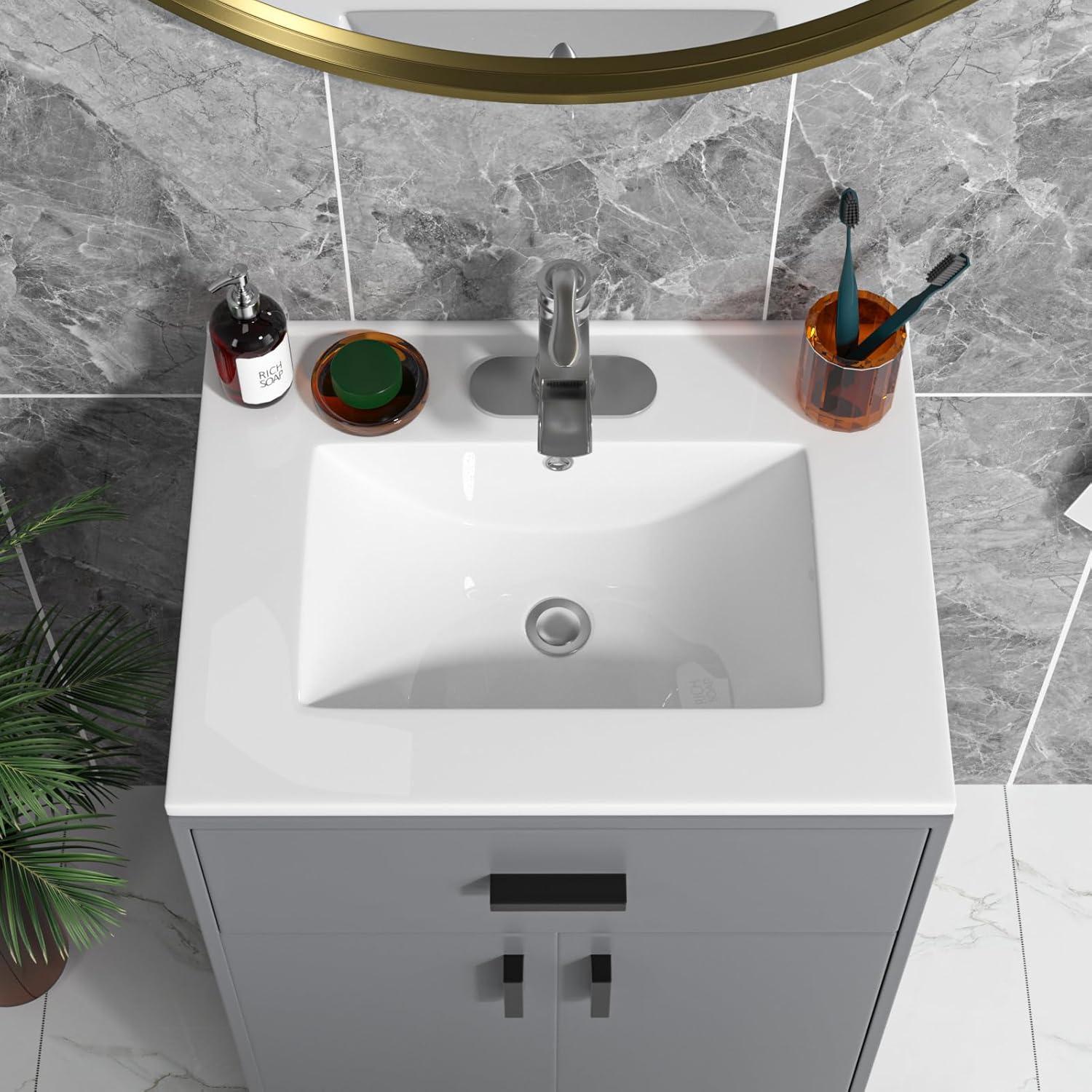 Sarlai 24 Inch Bathroom Vanity Sink Tops - White Drop In Bathroom Sink Ceramic Topmount Rectangular Vanity Top with Overflow