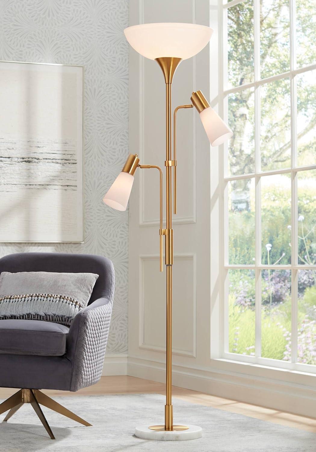 Possini Euro Design Modern Torchiere Floor Lamp with Side Lights 71" Tall Warm Gold Frosted Glass Shade for Living Room House